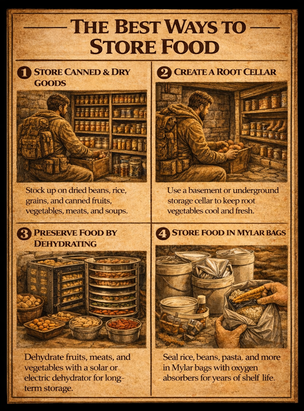 Step by step guide showing the best ways to store food using canned goods root cellar dehydrating and Mylar bags
