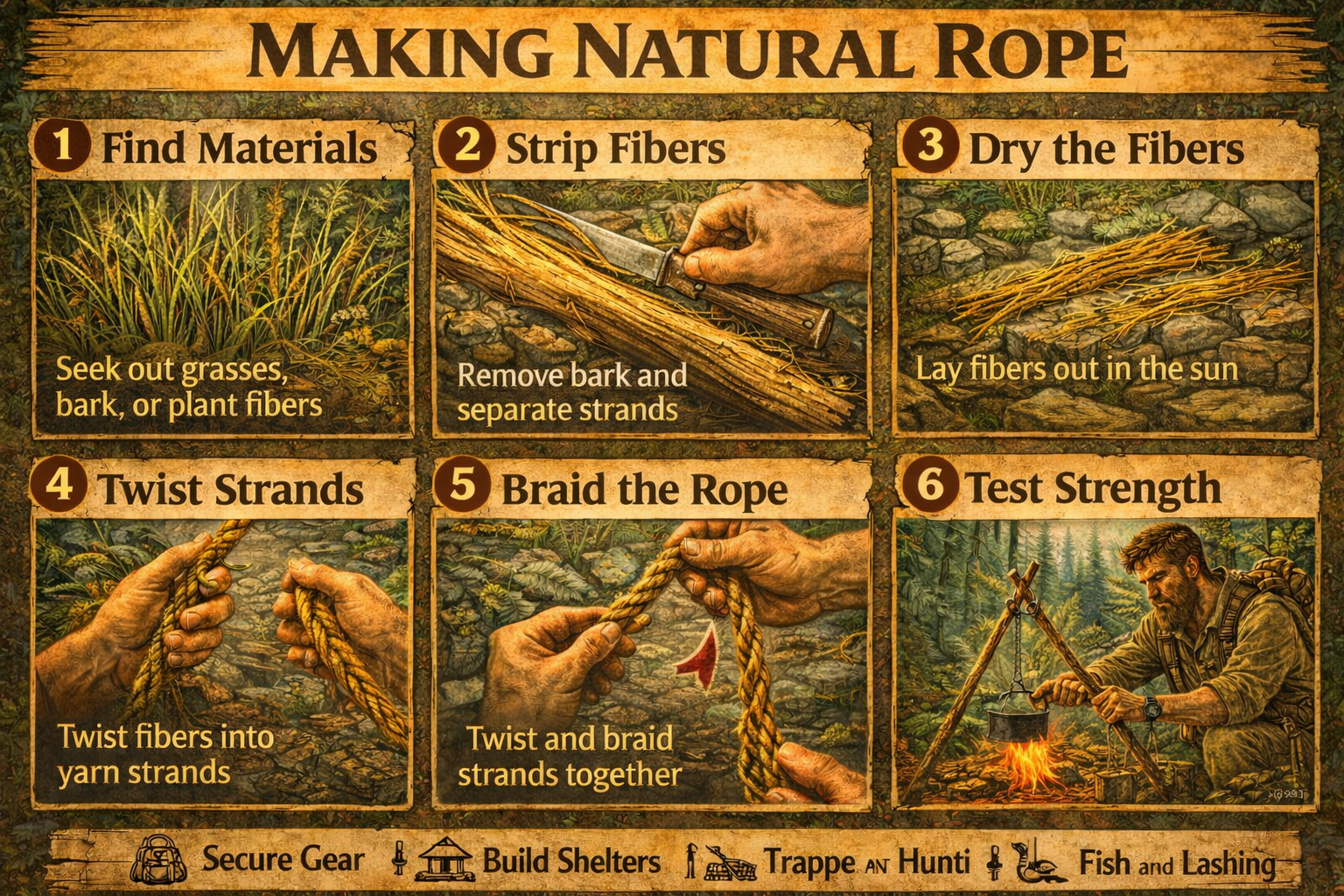 Step by step guide showing how to make natural rope from plant fibers by stripping twisting and braiding strands