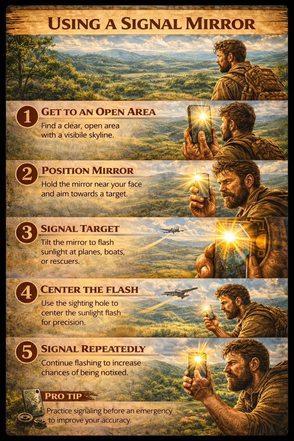 Step-by-step survival guide showing how to aim and flash a signal mirror to attract attention from aircraft or distant rescuers in open terrain.