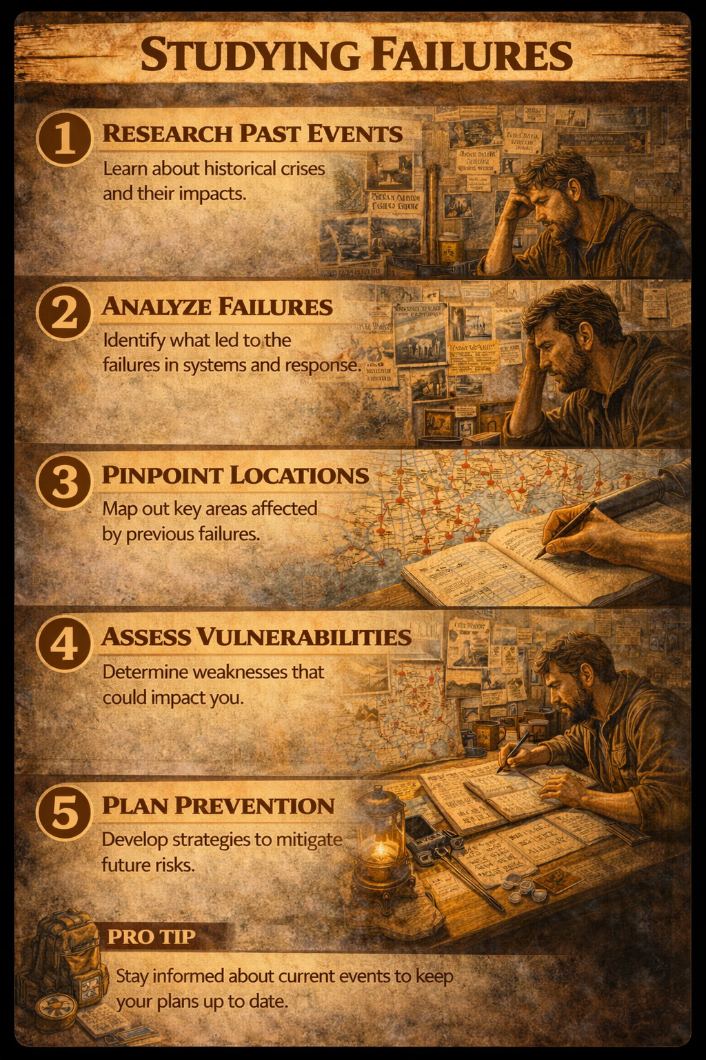 Step-by-step preparedness guide showing how to study past failures by reviewing case examples, identifying causes, mapping lessons, and improving future survival decisions.