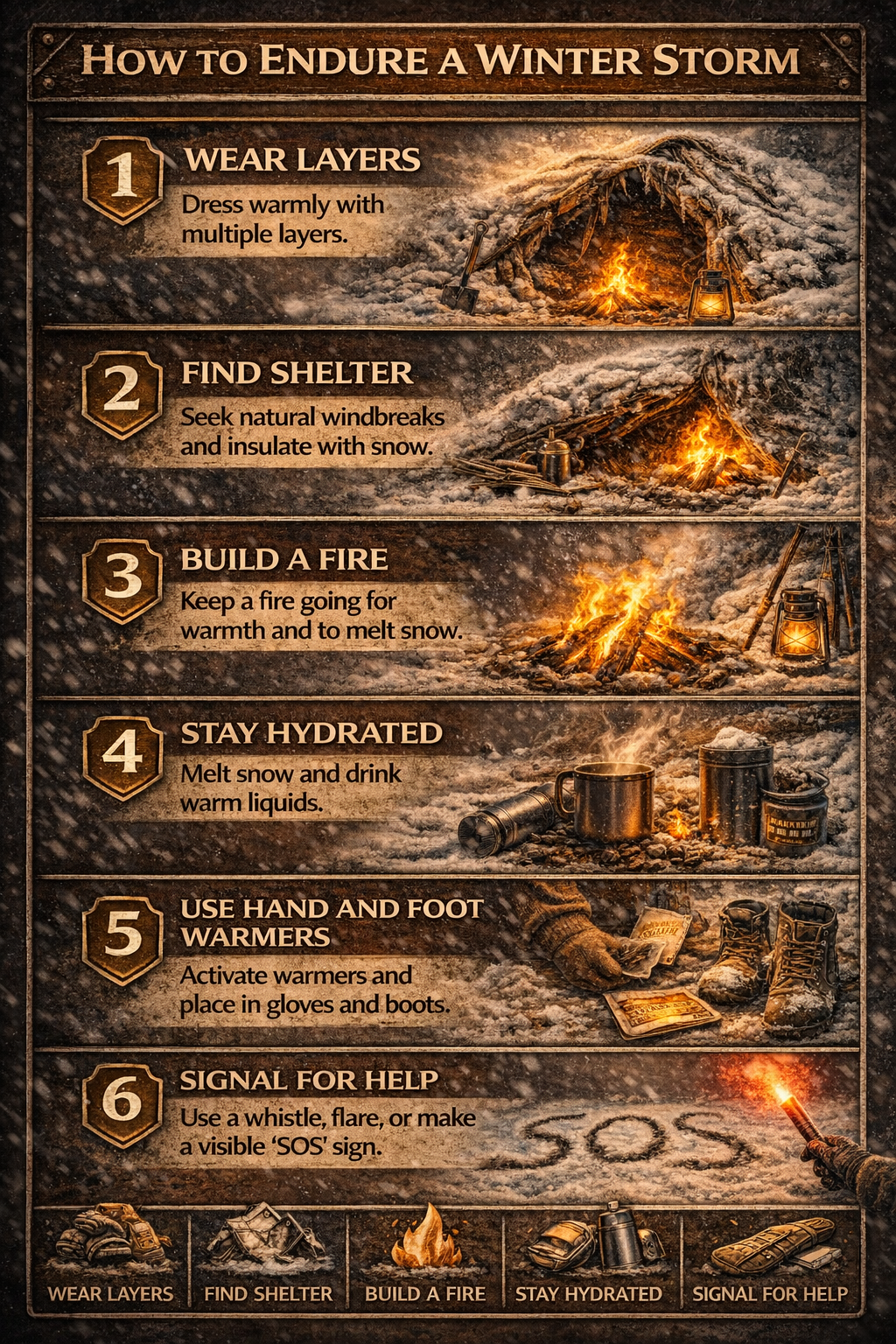 Vertical step by step guide showing how to endure a winter storm using layers shelter fire hydration and signaling