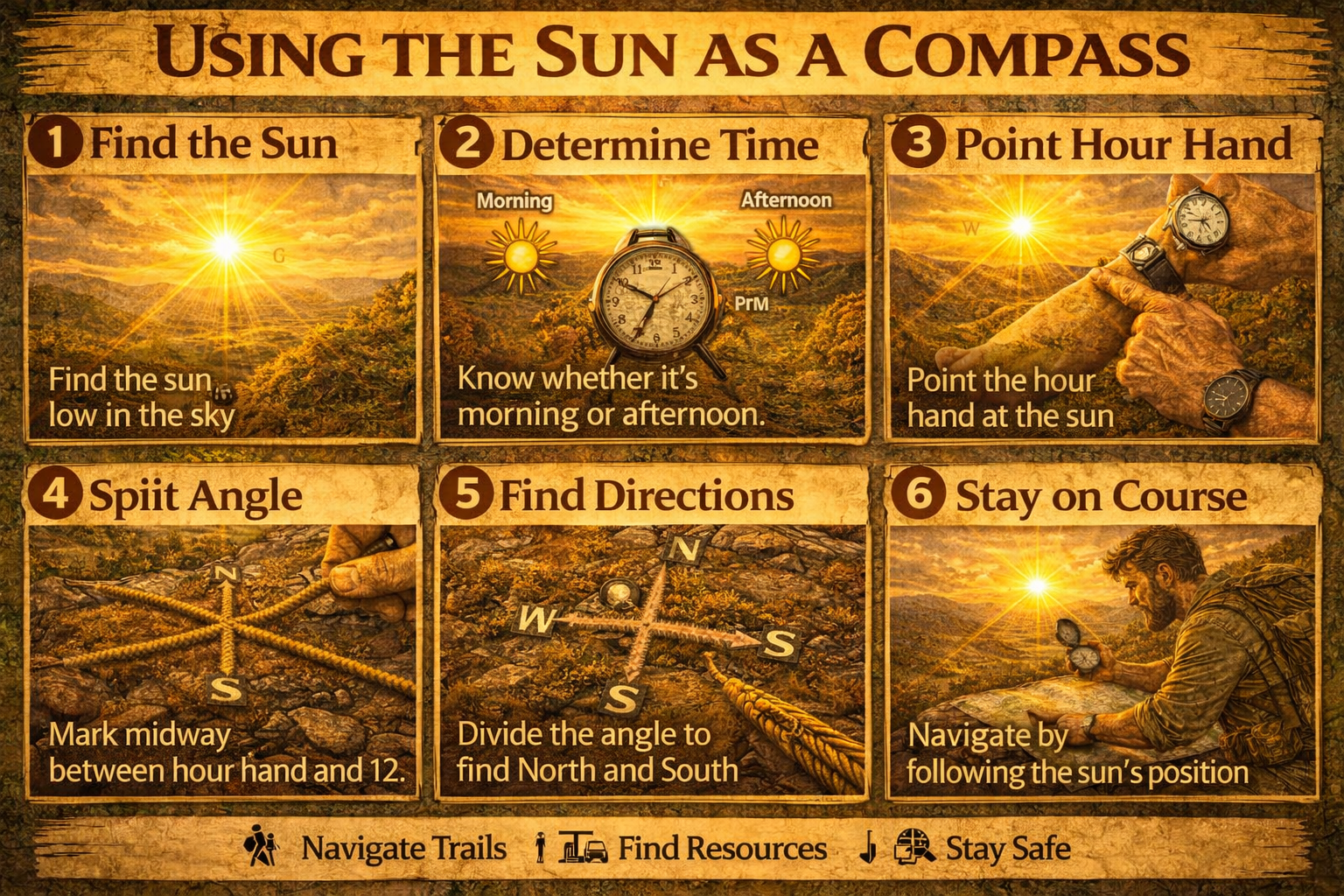 Step by step guide showing how to use the sun as a compass for natural land navigation