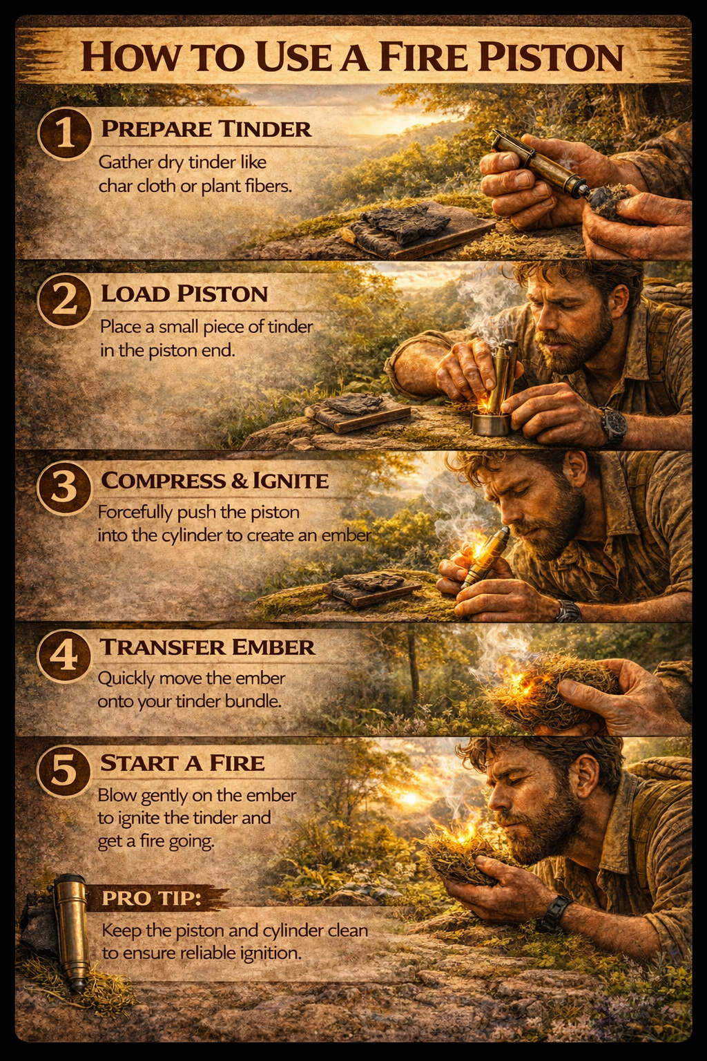 Step-by-step fire piston survival guide showing tinder preparation, piston loading, ember creation, ember transfer, and fire starting in a forest setting.