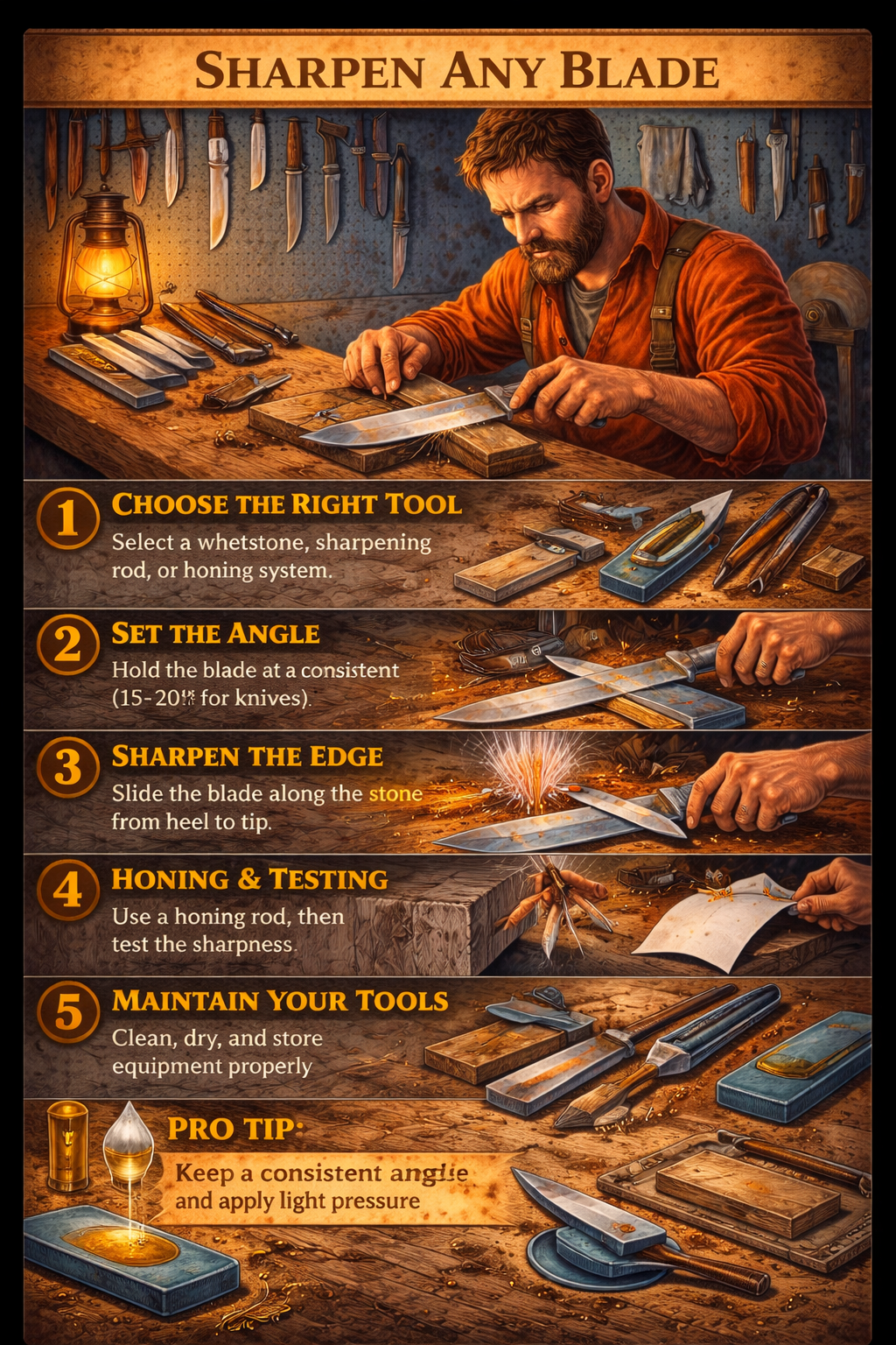 Step-by-step blade sharpening guide showing how to choose a sharpening surface, hold the angle, sharpen evenly, hone the edge, and maintain blade sharpness safely.