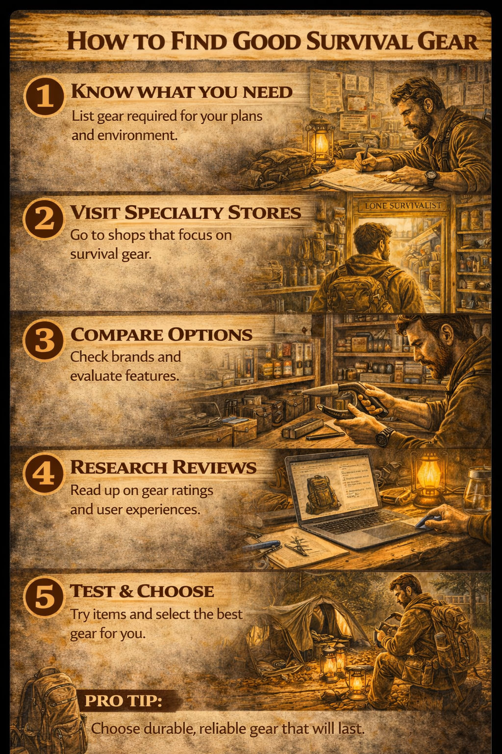 Step-by-step survival gear guide showing how to evaluate quality gear, compare essentials, check durability, and choose reliable equipment for preparedness.