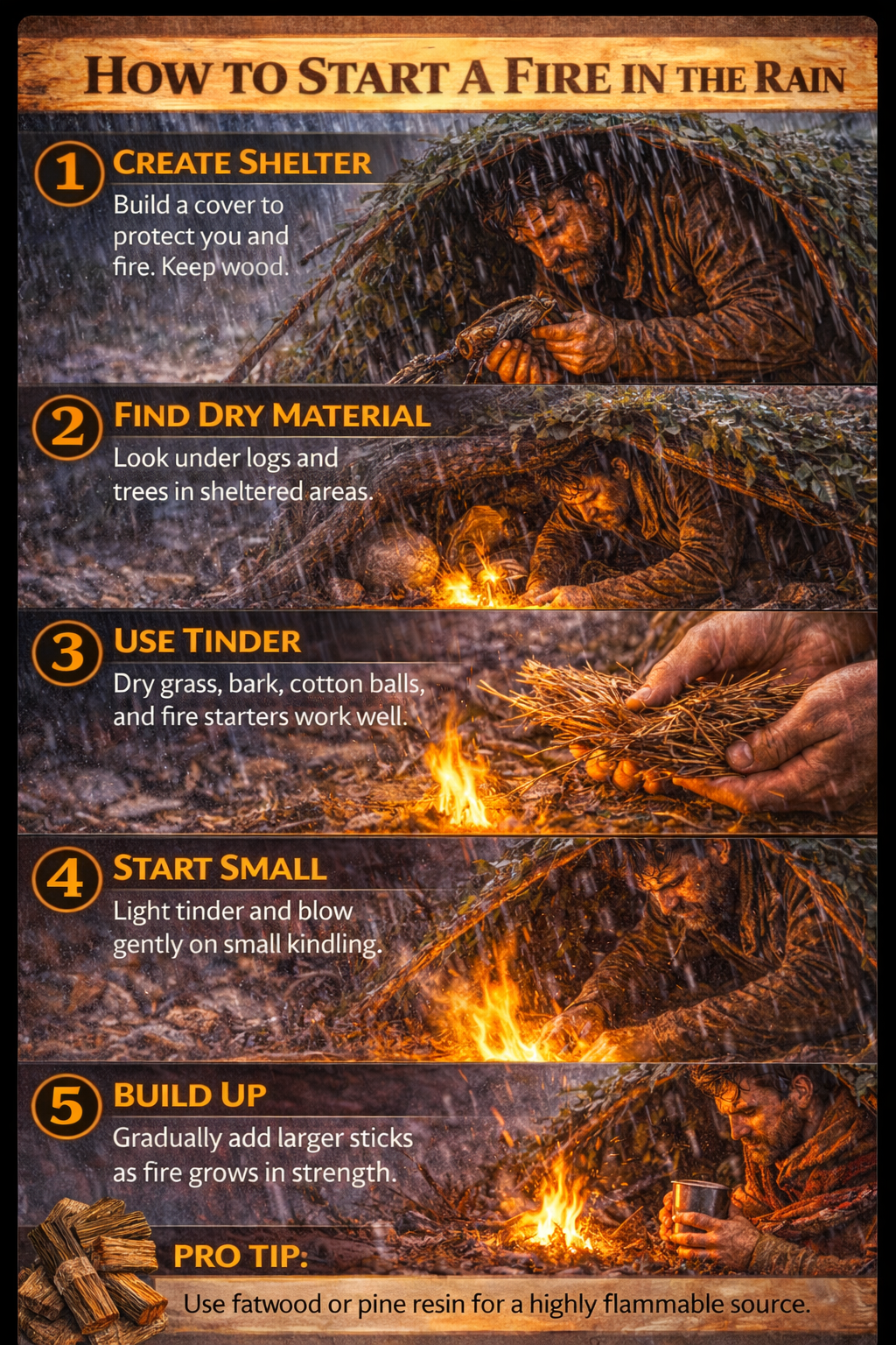 Step-by-step wet weather fire guide showing how to shelter tinder, gather dry inner wood, build a protected flame, and grow a fire during heavy rain.
