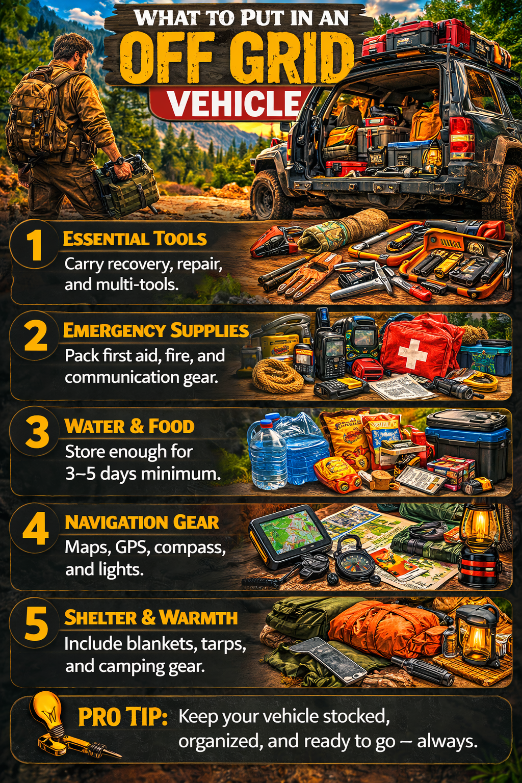 Step-by-step off-grid vehicle guide showing how to stock an emergency vehicle with tools, medical gear, water, food, navigation equipment, and shelter supplies for remote travel.