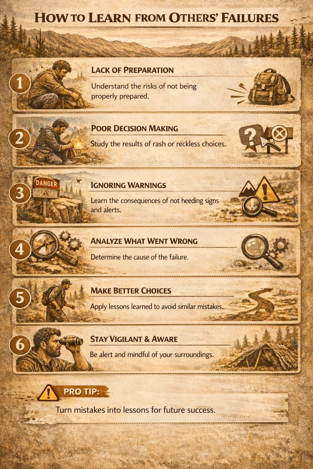 Step-by-step survival mindset guide showing how to learn from others’ failures by studying poor decisions, recognizing warnings, analyzing mistakes, and making better choices.
