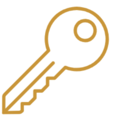 A simple illustration of a gold key with a round head and a serrated blade.