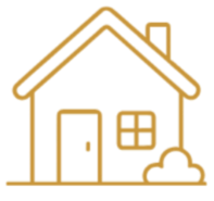 Outline of a house with a door, window, and a small shrub in front.