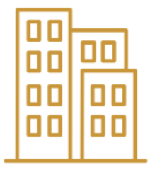 Line drawing of two high-rise buildings with multiple windows, outlined in black and gold.