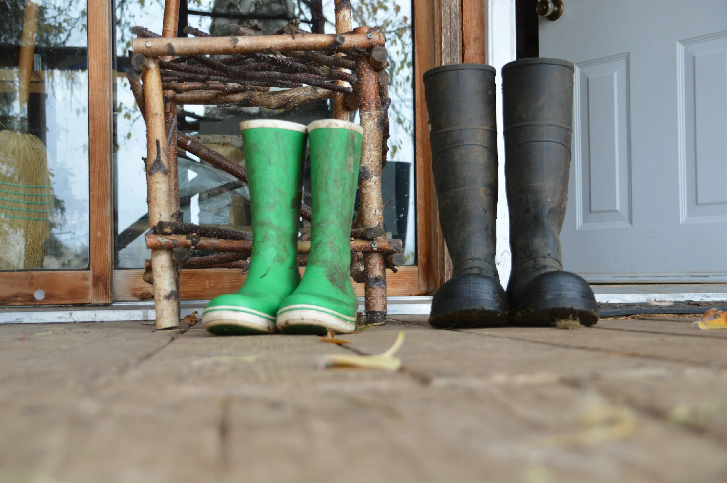 Two pairs of wellington boots, one green and one black, standing side by side outside the front door of a home.