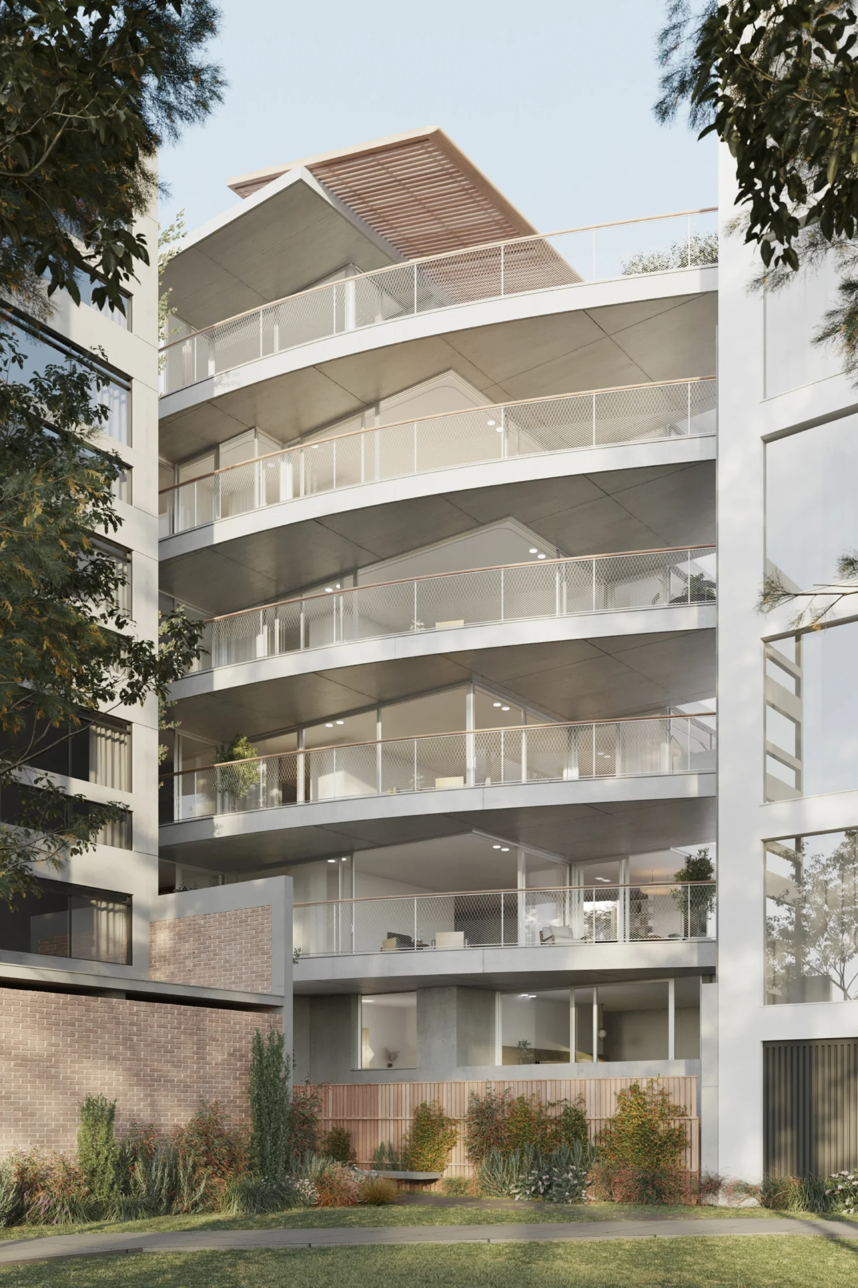 Edificio moderno con varias terrazas en cada piso, rodeado de árboles y jardines.