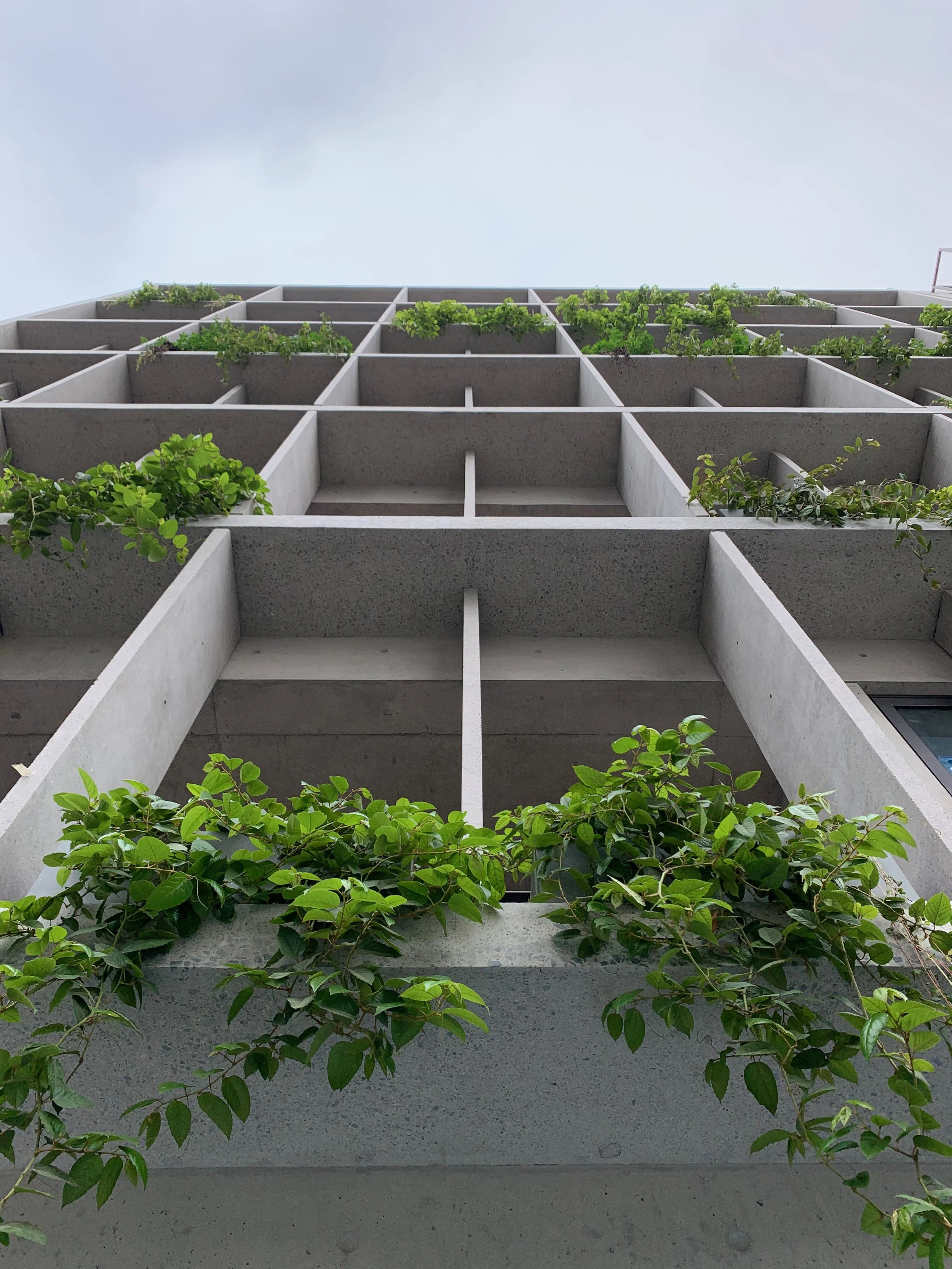 Edificio moderno con balcones de concreto y plantas verdes en las esquinas, vista desde abajo hacia arriba, cielo nublado.