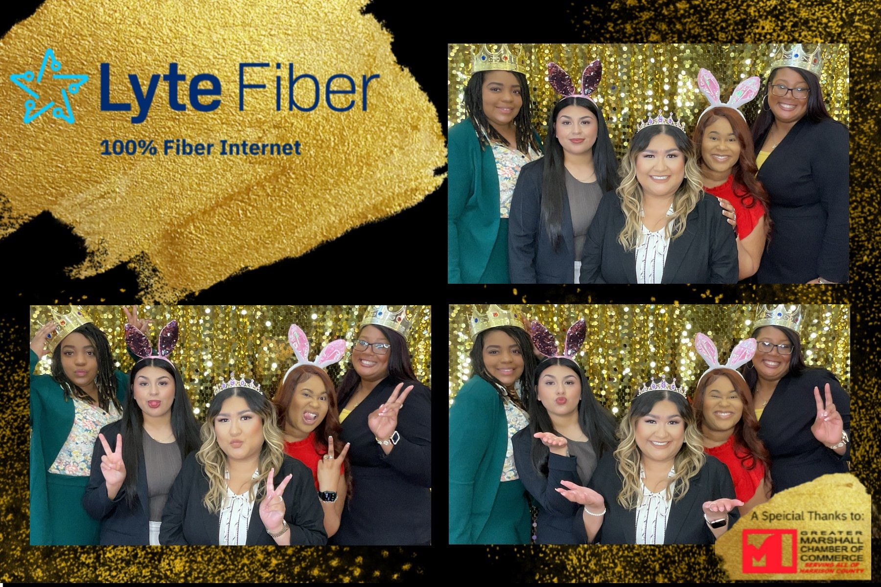 Collage of five women posing playfully against a gold glittery backdrop wearing crowns and bunny ears, with "Lyte Fiber 100% Fiber Internet" logo and "Greater Marshall Chamber of Commerce" acknowledgment.