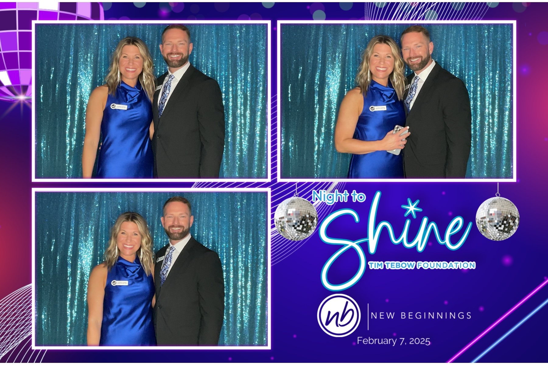 Collage of a couple in front of a blue sequin backdrop, attending "Night to Shine" event by the Tim Tebow Foundation. The event date is February 7, 2025, hosted by "New Beginnings." The woman is in a blue dress, and the man is in a suit.