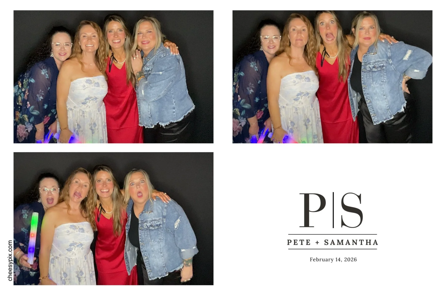 Four women posing in a photo booth with a black background. The women are dressed in colorful and casual attire, smiling and making playful expressions. The bottom right section of the collage contains text that reads "P S," "PETE + SAMANTHA," and the date "February 14, 2026."