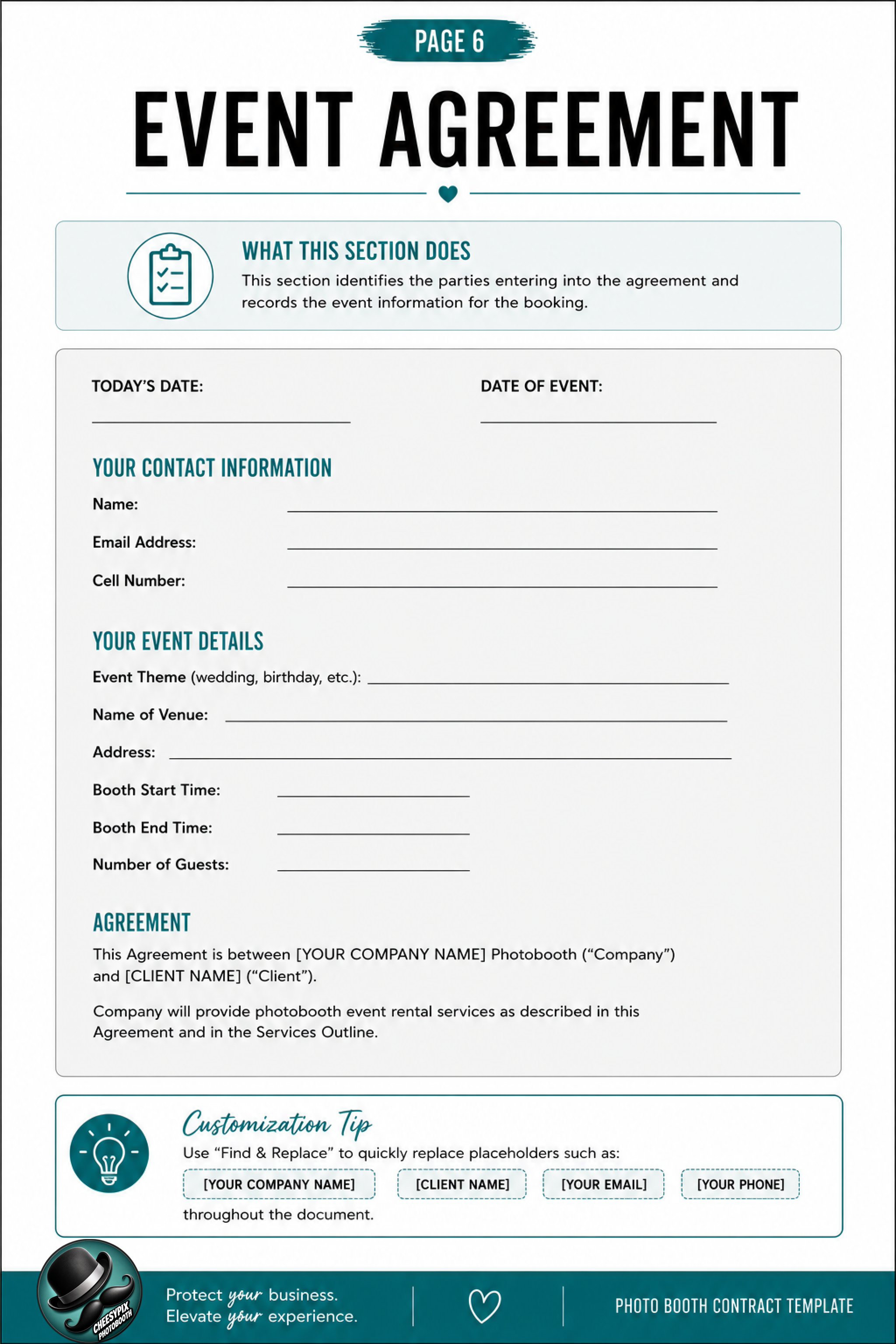 Customizable photo booth rental contract template page