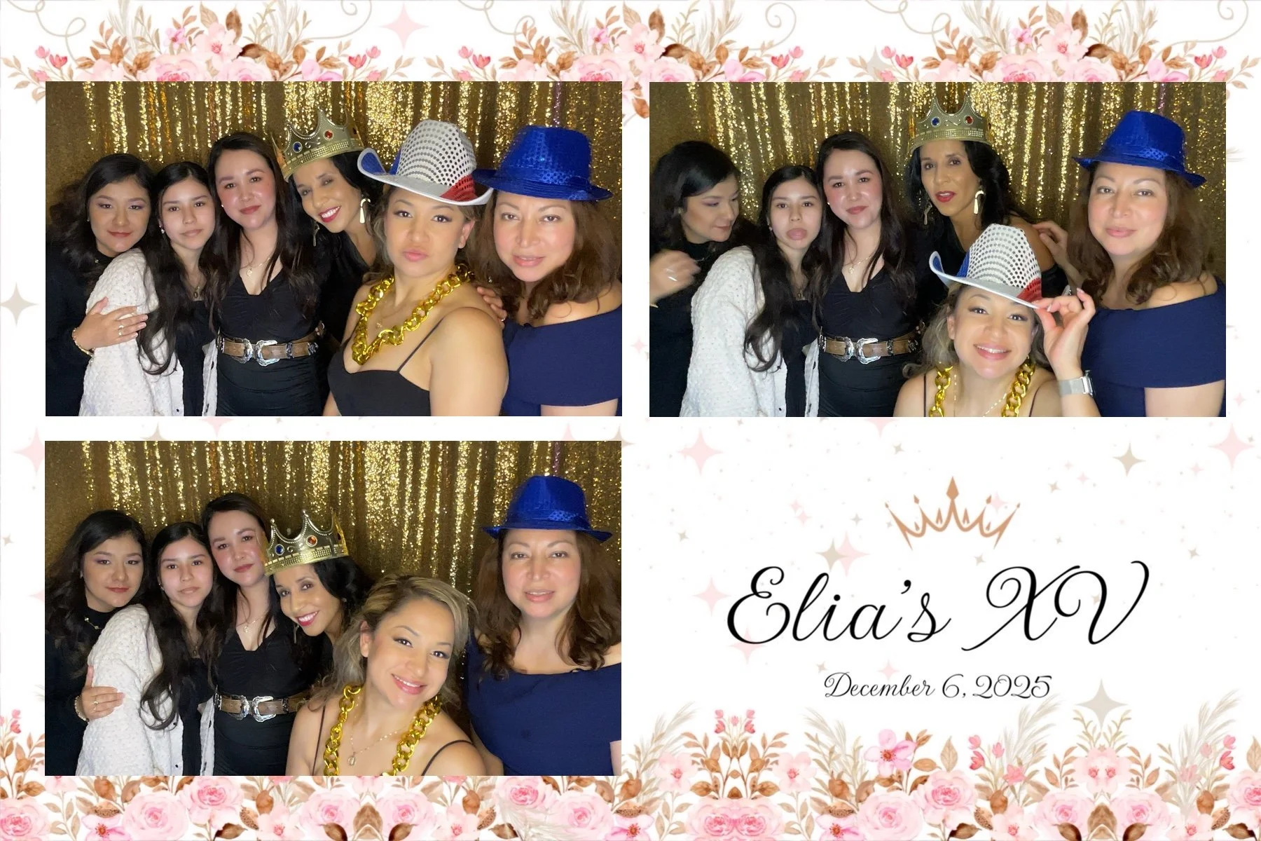 A photo collage from a celebration event on December 6, 2025, featuring five women and three girls in front of a gold sequin backdrop. The women are wearing various colorful party hats and accessories, including a crown, animal print hats, and big gold necklaces. The floral border and the text "Elia's XV" suggest that it is a quinceañera celebration.