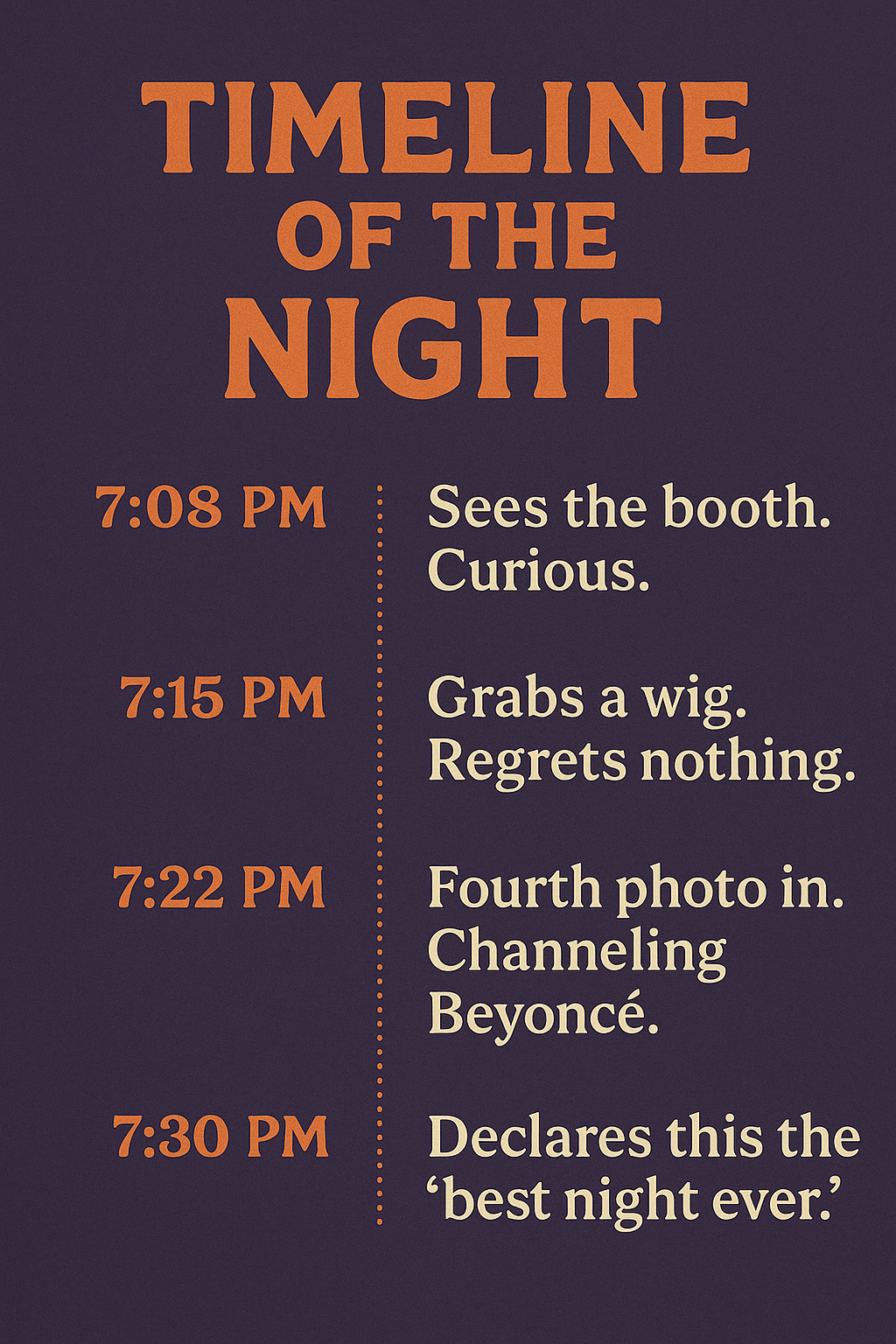 Timeline of a party night, featuring funny moments from seeing a booth to declaring it the best night ever.
