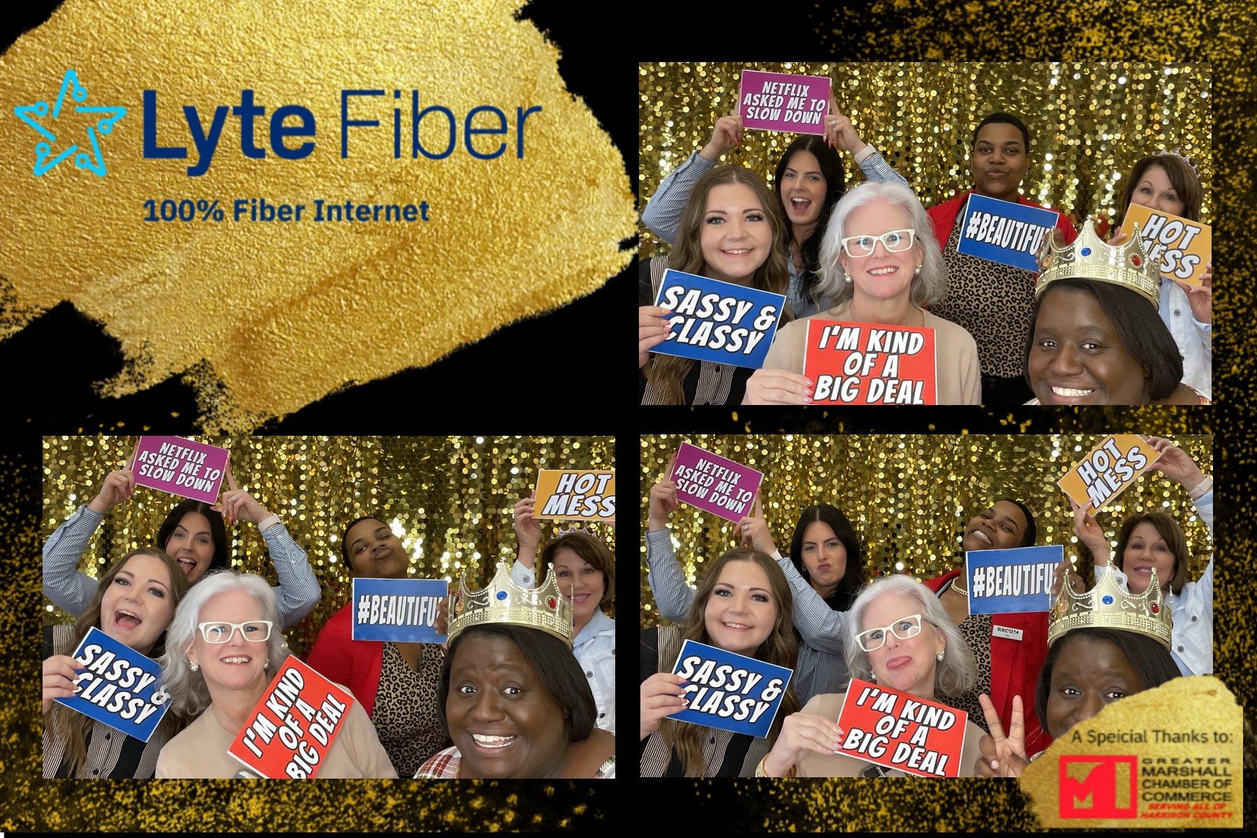 Collage of people at a photo booth event with signs like "Sassy & Classy" and "I'm Kind of a Big Deal," against a gold glittery backdrop. Includes advertising for Lyte Fiber and Greater Marshall Chamber of Commerce.
