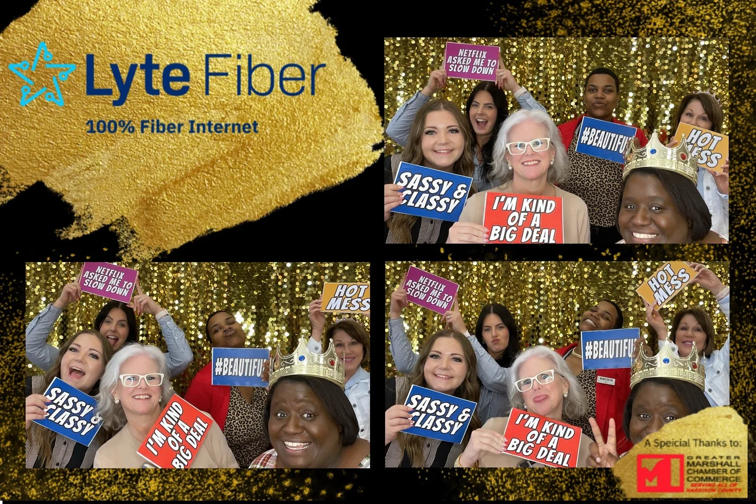 Corporate event guests posing in a branded CheesyPix photo booth