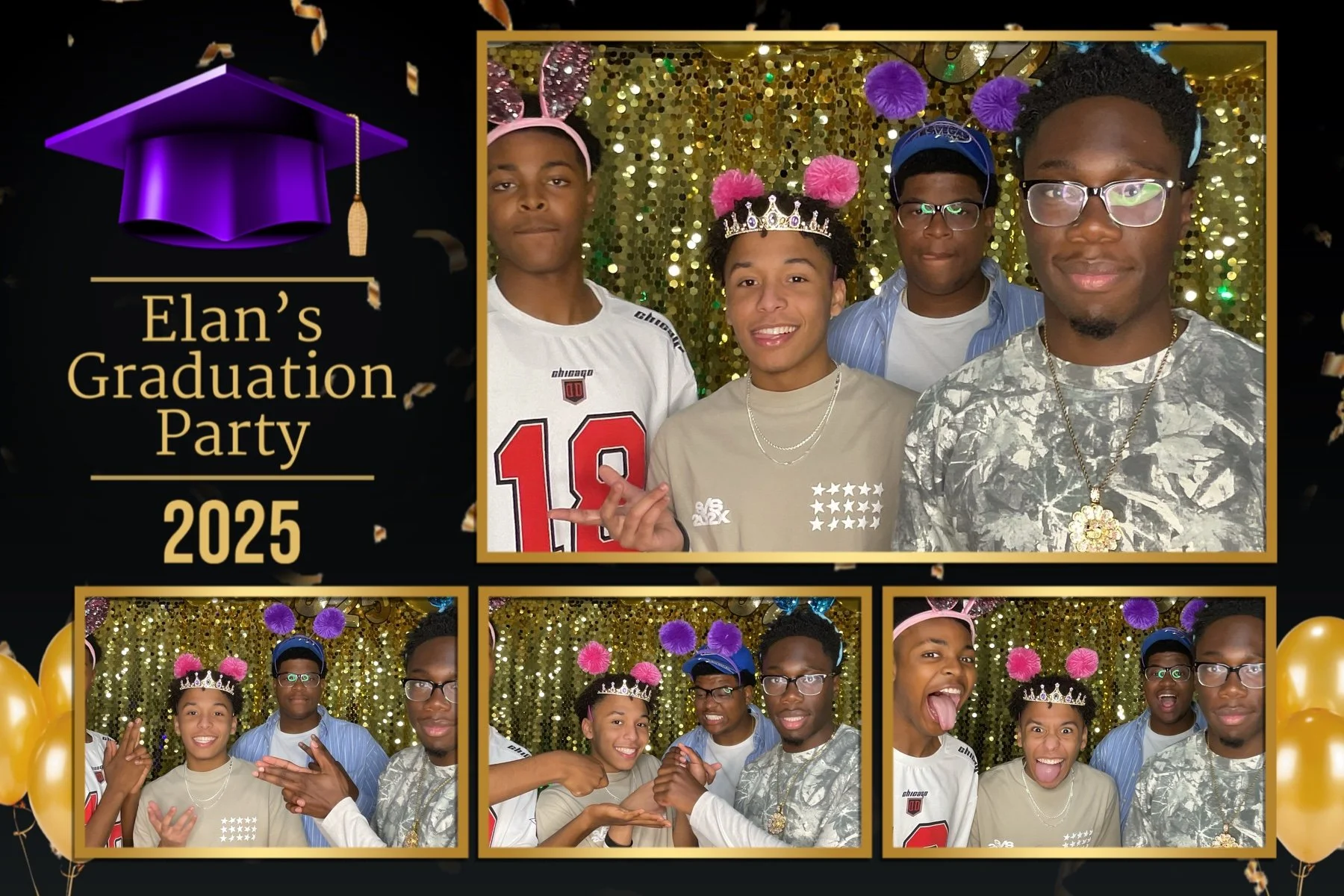 Friends celebrating graduation with a CheesyPix photo booth