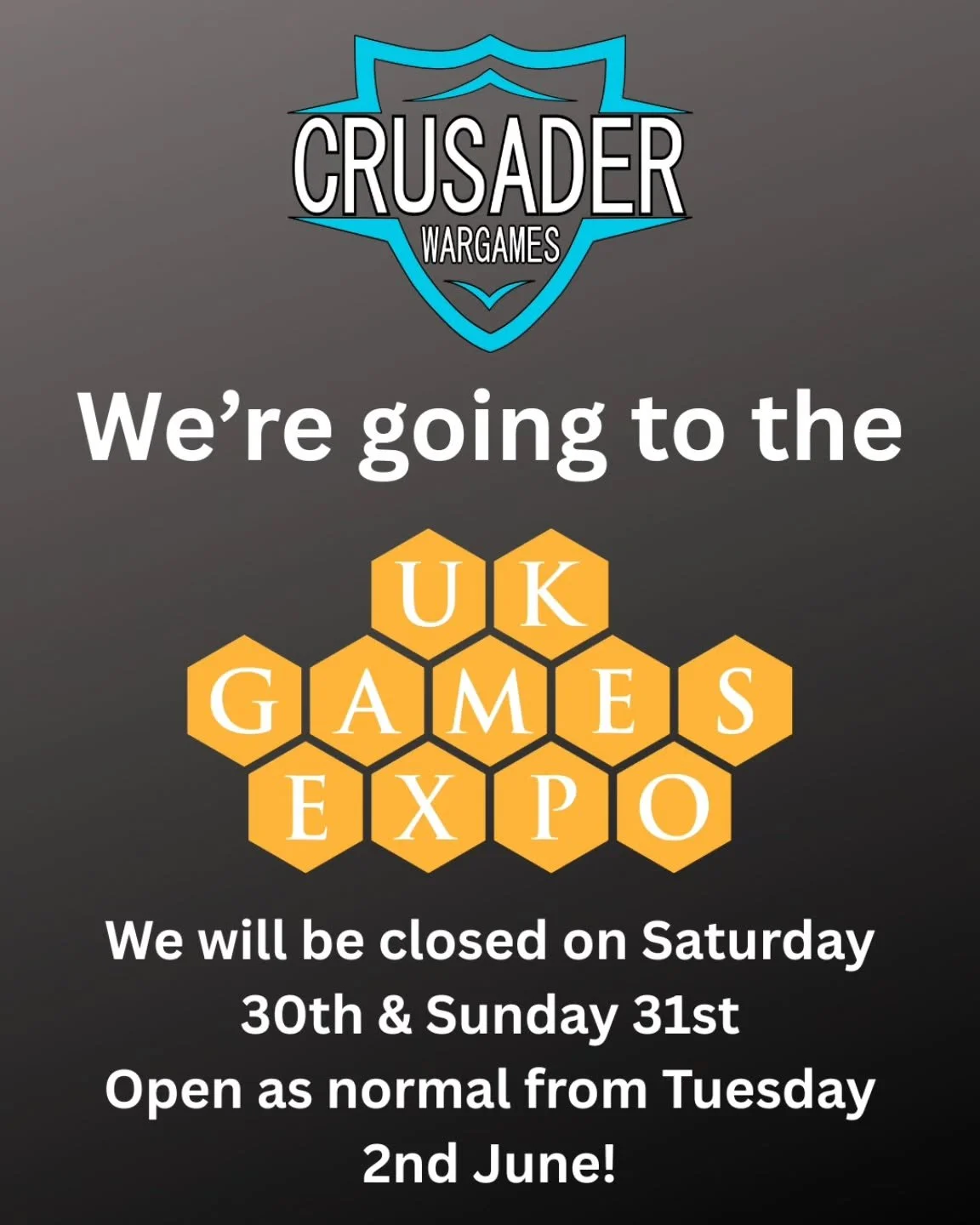 We're going to the UKGE this weekend!

As such we'll be closed Saturday 30th and Sunday 31st and returning to normal from Tuesday 2nd June

See you all there!
#ukge #ukgamesexpo #ukgamesexpo2026 #tabletop #tabletopgames
