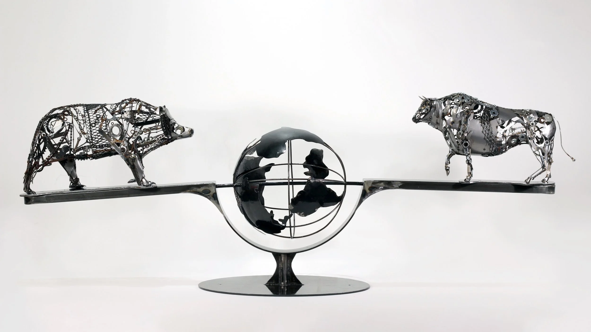 "Bear & Bull, World Market" Commission for Edward Jones Investment Firm, welded steel 96"x34"x28" Permanent Installation, NFS