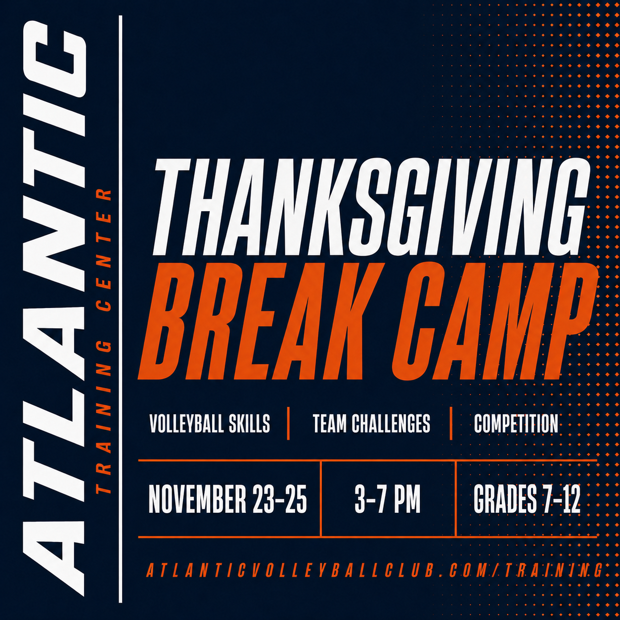 Thanksgiving Break Camp — Grades 7–12
A focused three-day training experience combining volleyball skill development, team challenges, and competitive play. Athletes will get quality reps, game-like training, and opportunities to compete throughout t