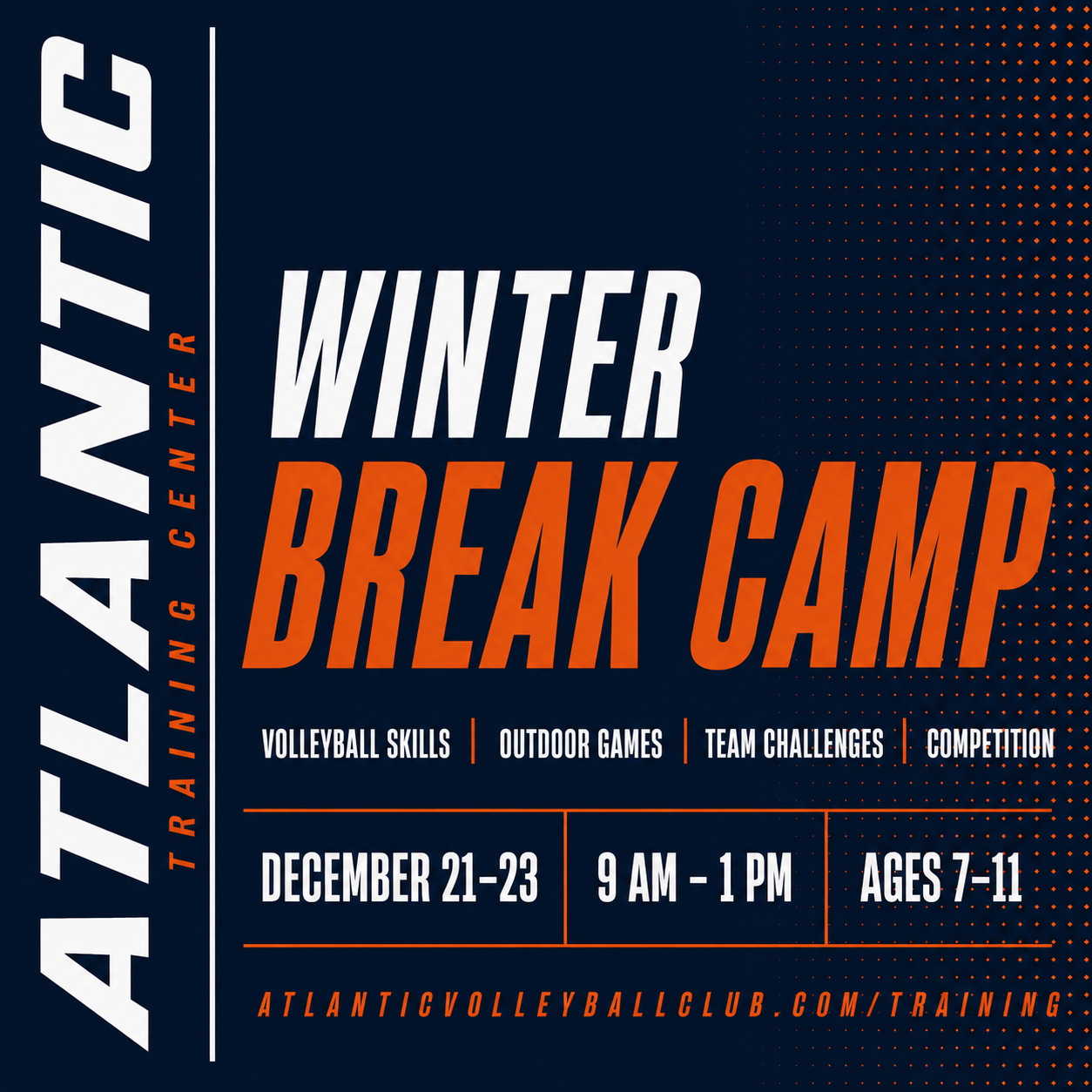 Winter Break Camp — Ages 7–11
A fun three-day camp built around volleyball skills, outdoor games, team challenges, and competition. Athletes will stay active, build confidence, and enjoy plenty of game play during winter break.

December 21–23 | 9 AM