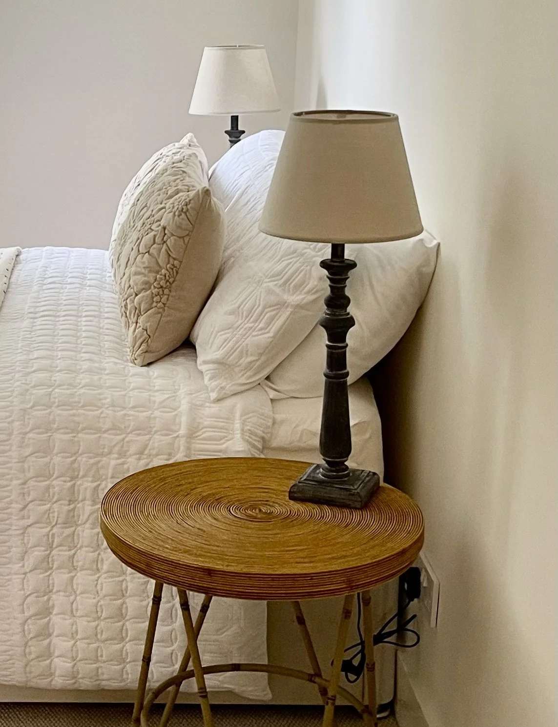 Washed wooden table lamp with linen shade