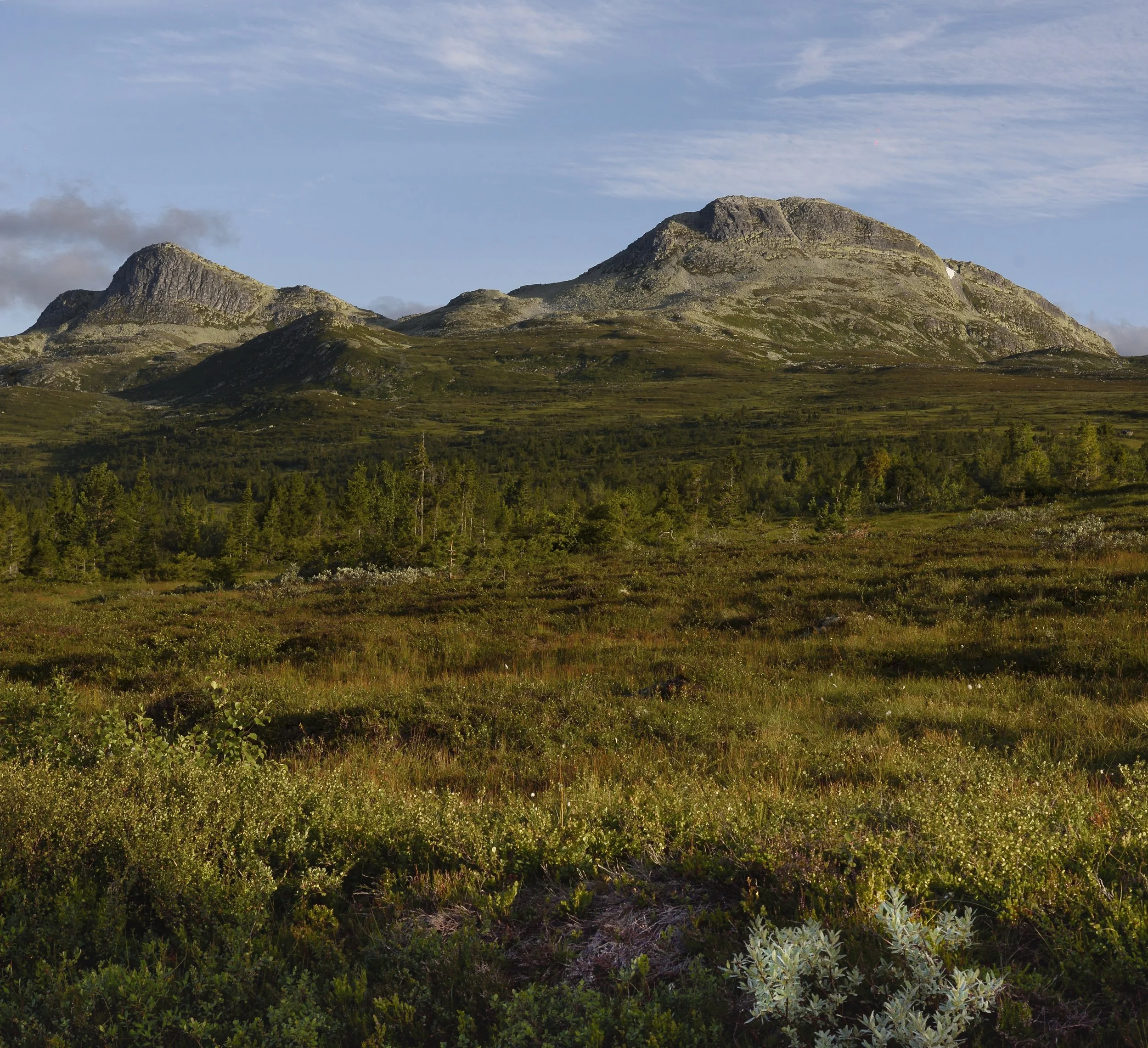 Paysage de montagne avec des collines verdoyantes et un ciel partiellement nuageux.