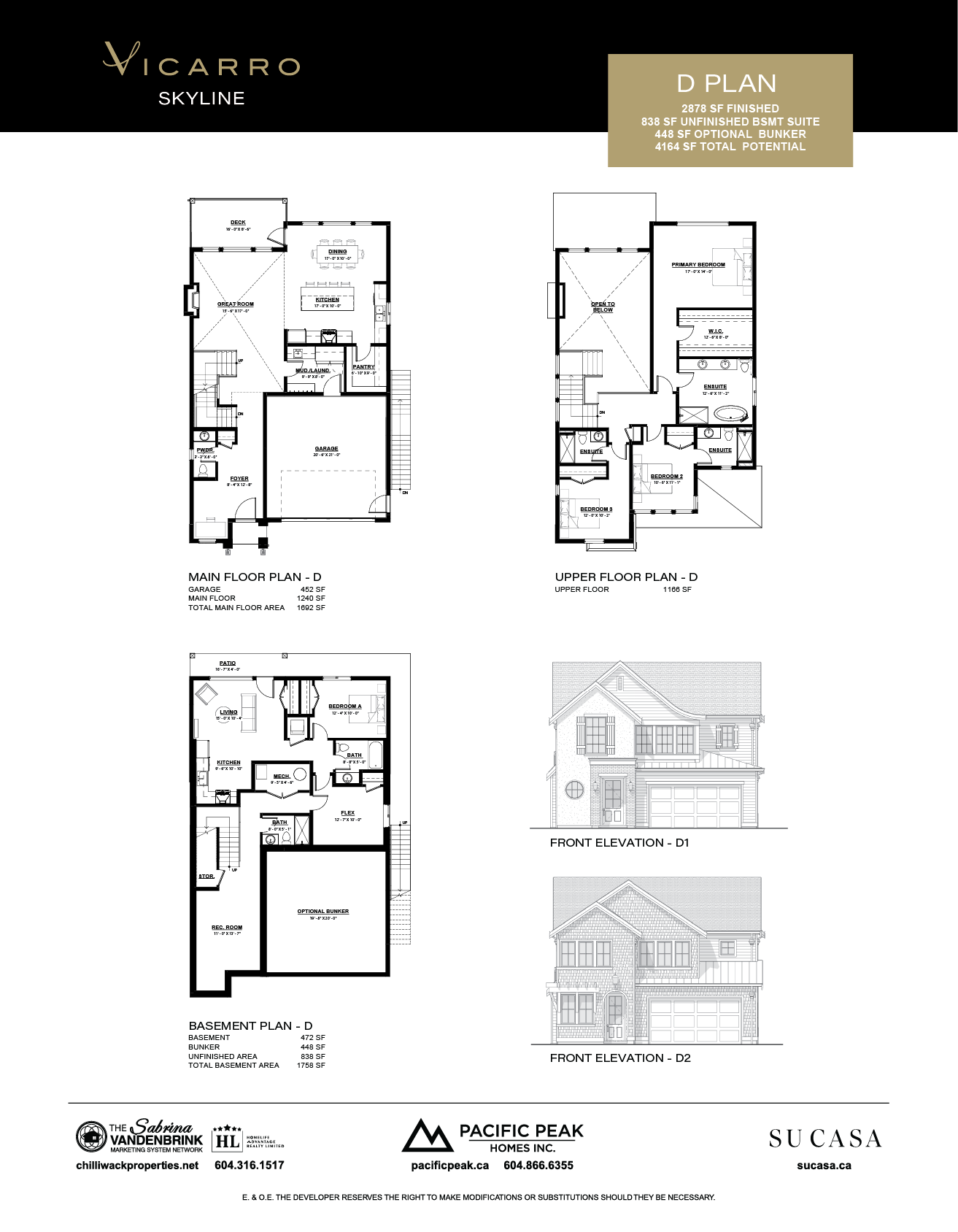 Detailed architectural plans for a house called Vicarro Skyline, including main floor, upper floor, basement, and front elevation drawings, with room labels and measurements.
