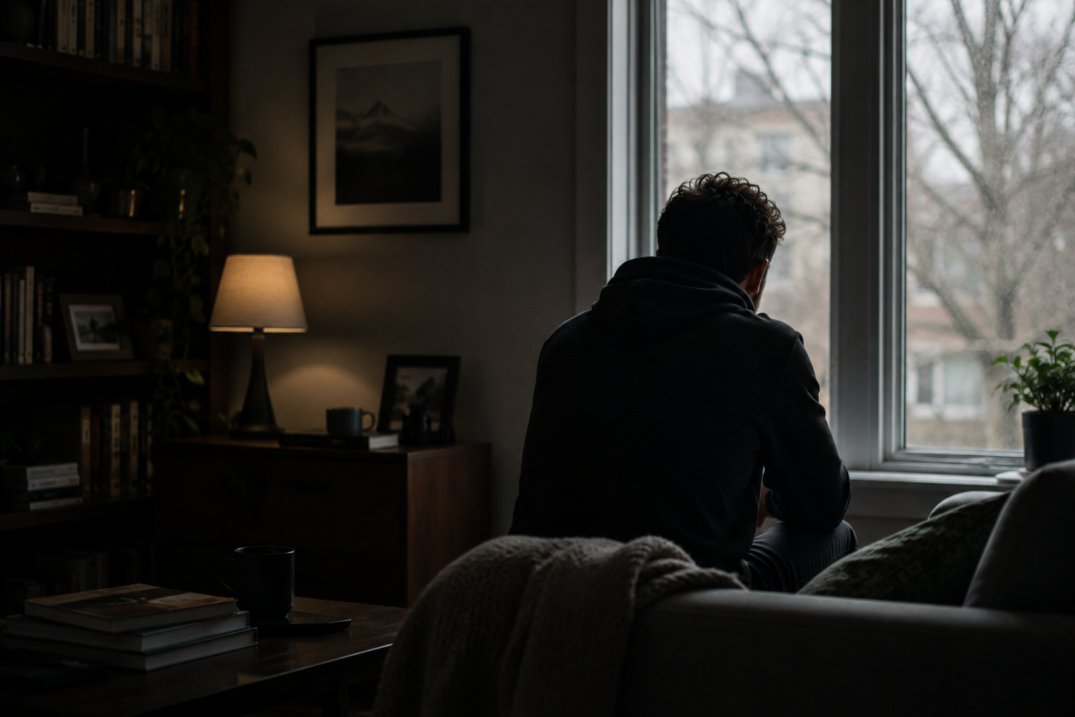 Man sitting alone by a window in a dimly lit room, reflecting on past experiences and signs of unresolved trauma