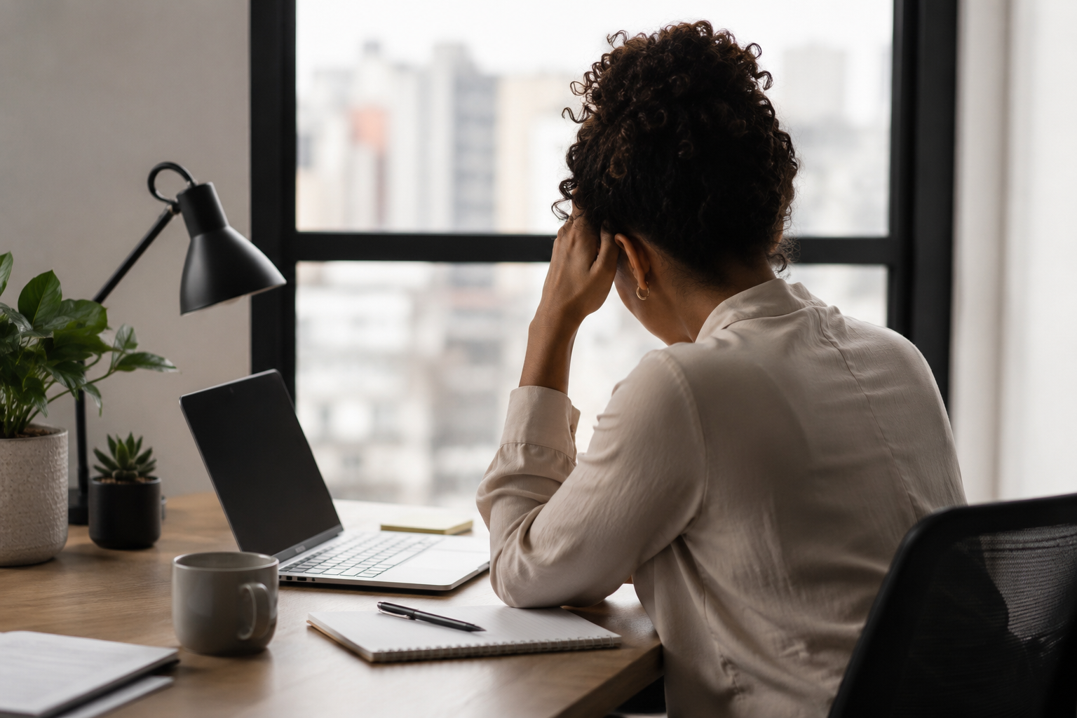 Workplace anxiety and chronic stress affecting professional woman at office desk