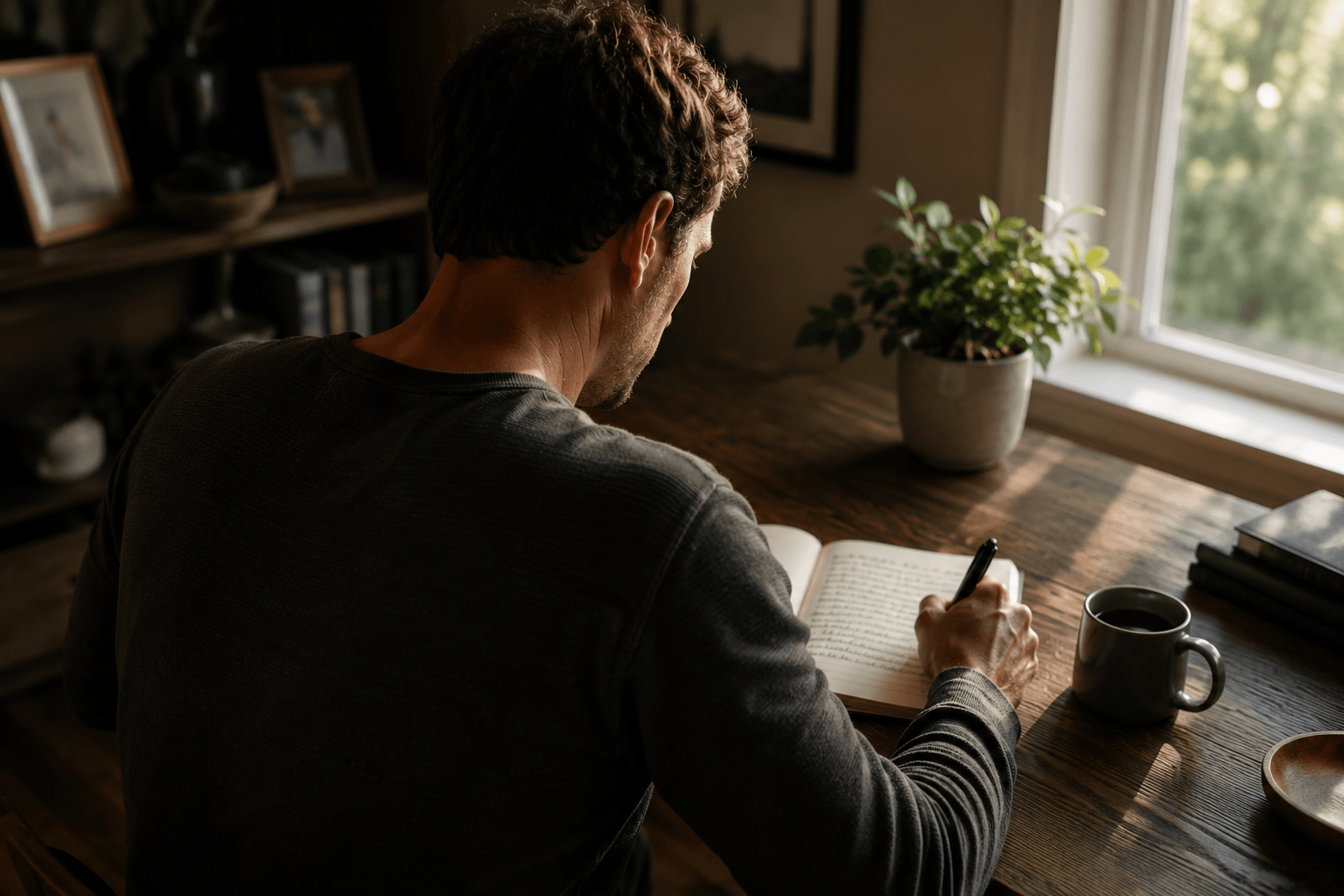 Adult reflecting on childhood experiences while writing in a journal