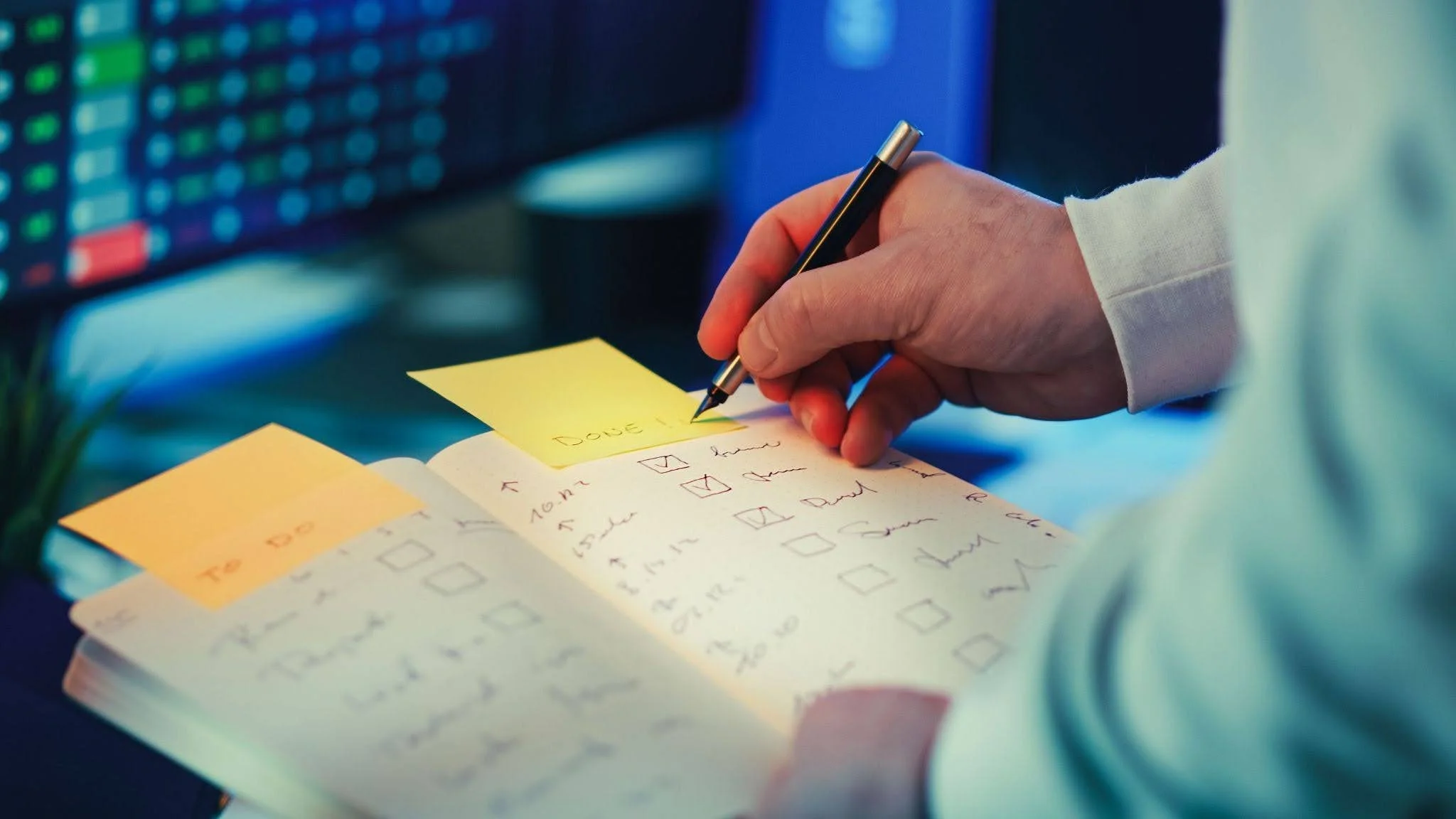 Adult with ADHD using a written checklist and sticky notes to organize tasks and manage daily responsibilities.
