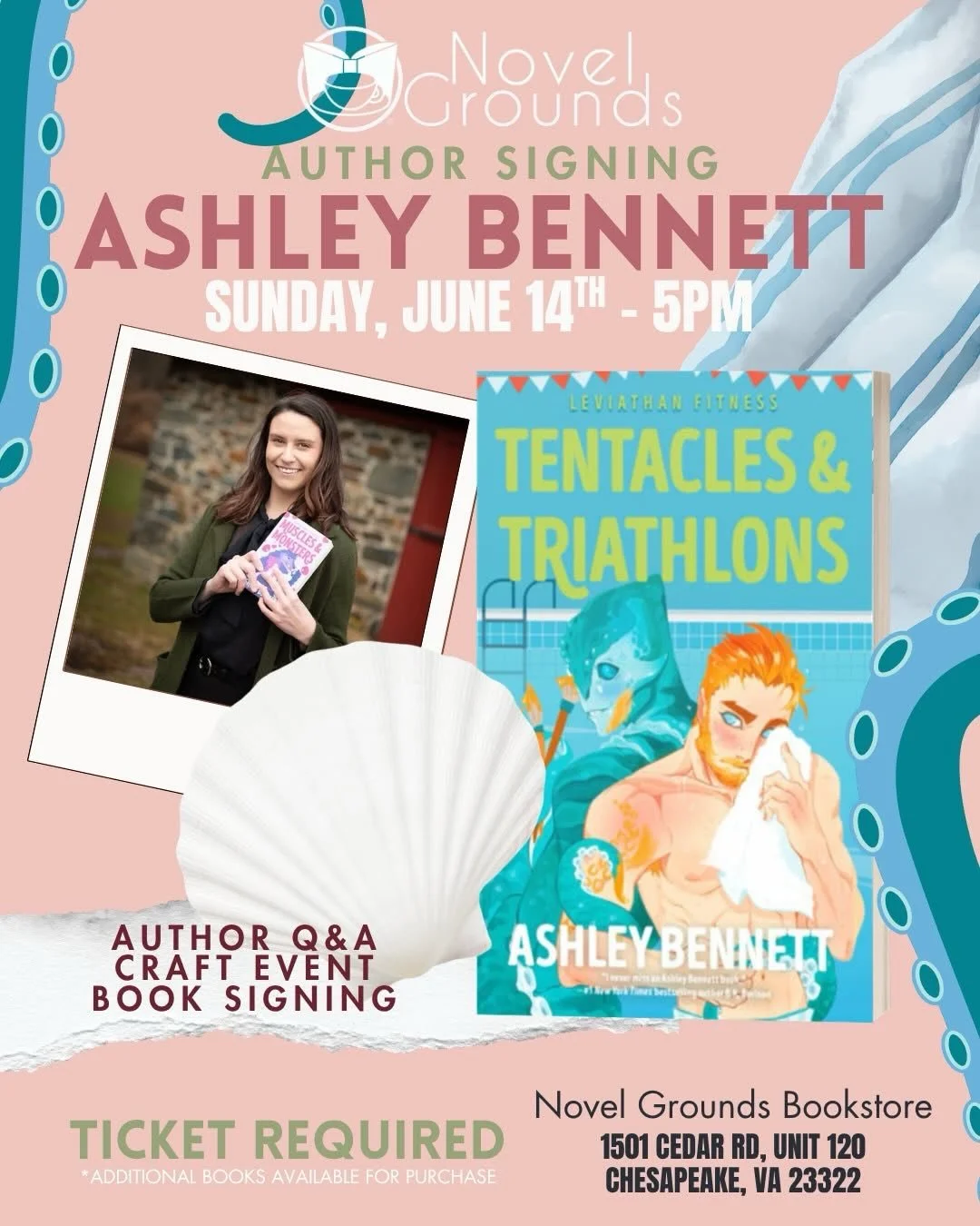 Surprise!!

Join me at @novelgroundsbookstore on June 15th for a craft night and book signing to celebrate the release of Tentacles &amp; Triathlons! 

⁠📍Novel Grounds Bookstore in Chesapeake, Virginia
🎟 Sunday, June 14th at 5PM⁠
🎟 Tickets require