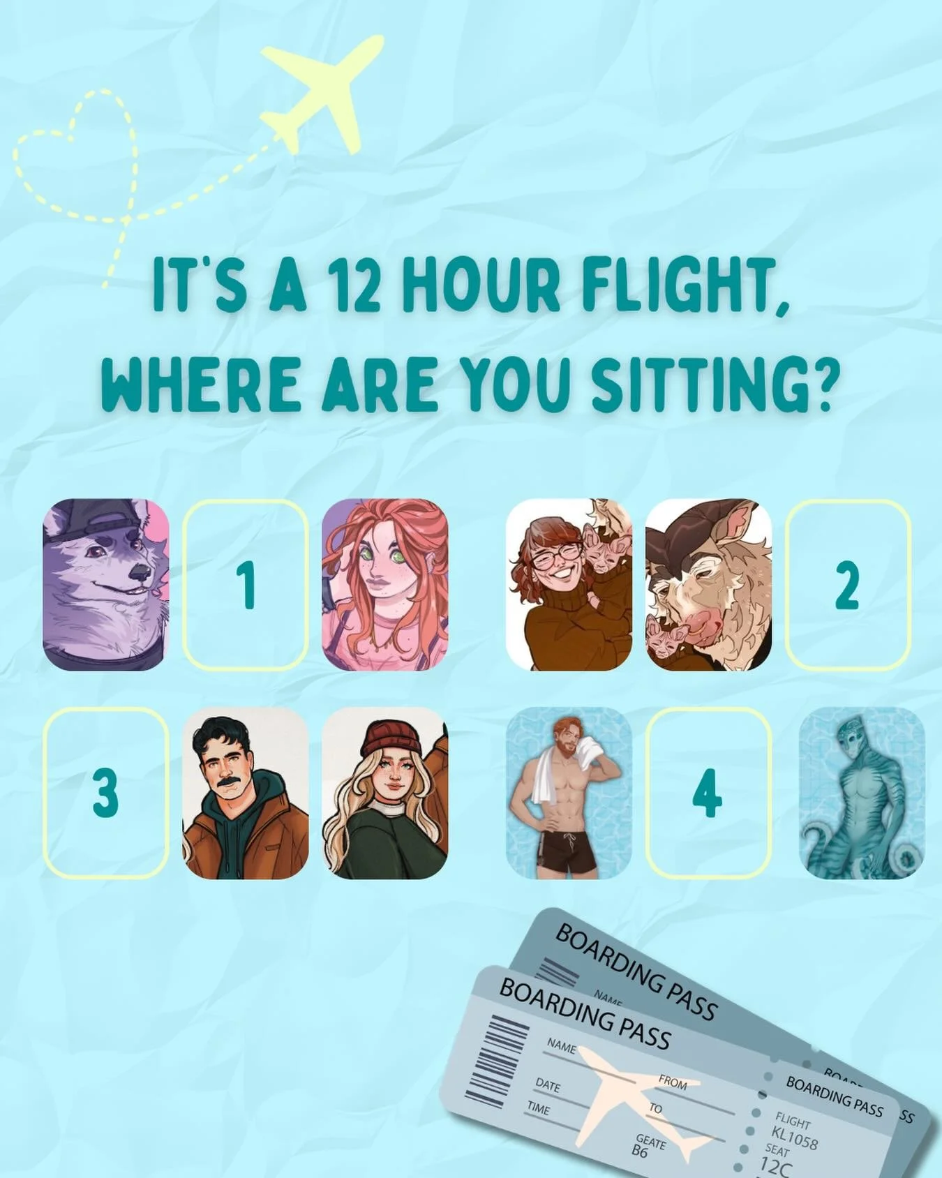 ✈️ POV: You&rsquo;re about to take a twelve hour flight and you have to pick your seat!

🎫 Seat 1: You&rsquo;re between a sweet baker who keeps feeding you cookies while a giant wolven hogs the armrest and wags his tail every time his girlfriend spe