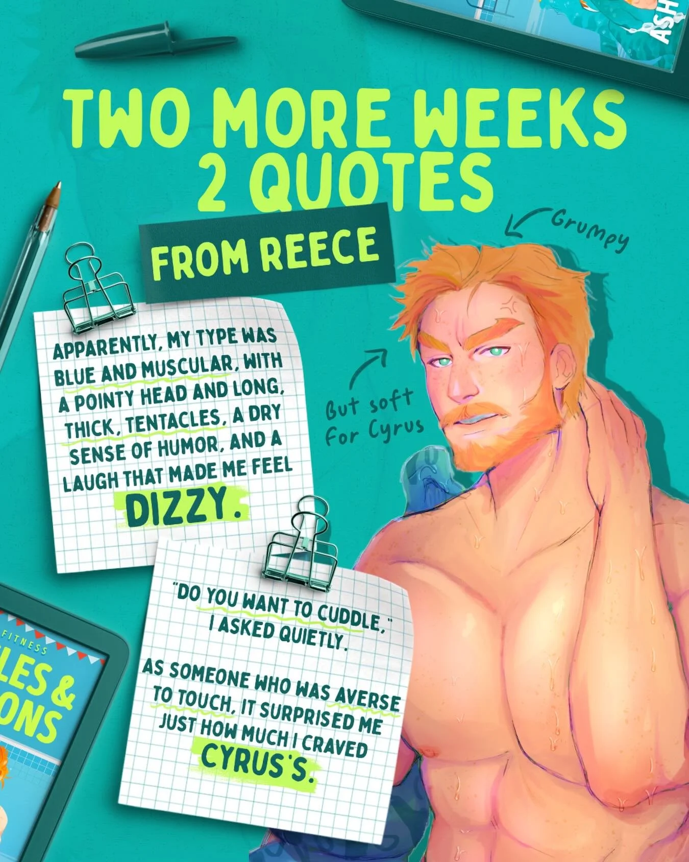 🗣️ TWO WEEKS 🗣️

Until the release of the expanded and revised edition of Tentacles &amp; Triathlons! To celebrate, here are two snippets of Reece in his ✨soft boi era✨ 

I&rsquo;m being tagged in ARC reviews and I am so so happy about the response