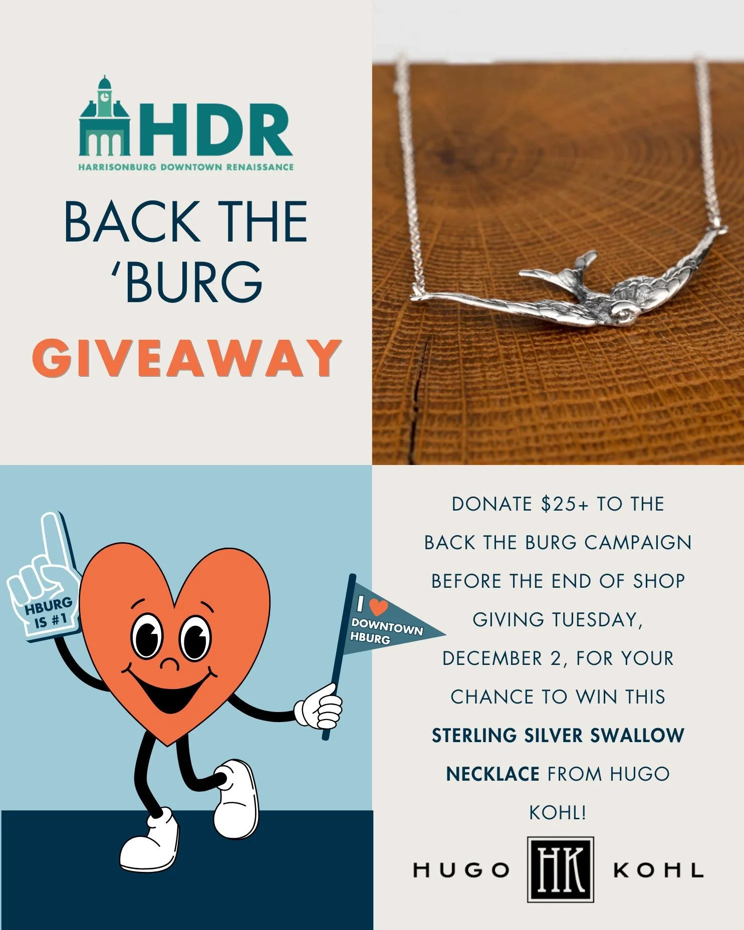 🧡 GIVEAWAY ALERT! 🧡

We are in the midst of our Back the 'Burg campaign, and to thank our end-of-year donors, we have a special giveaway just for you! Everyone who donates $25+ to HDR at downtownharrisonburg.org/donate before Giving Tuesday (Decemb