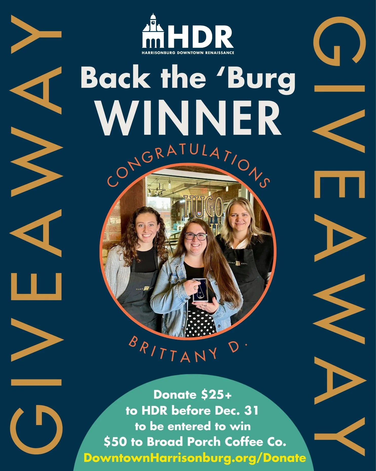 We love to thank our Back the 'Burg donors with giveaways each year. Congratulations to Brittany D. for winning November's prize from HUGO KOHL, a Swallow Necklace!

December's giveaway is still open. Donate $25+ to HDR before Dec. 31 and be entered 