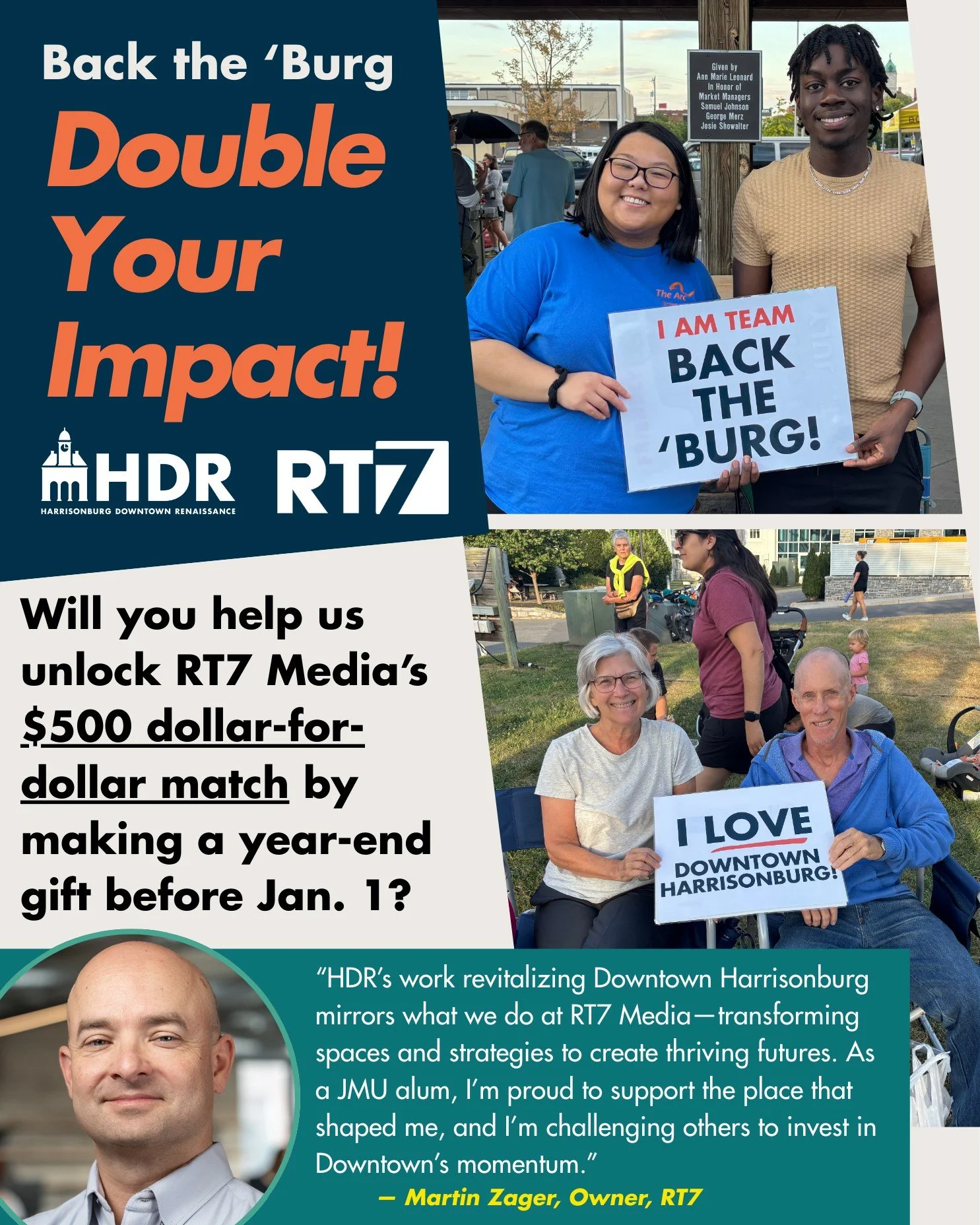 Our friends at @rt7.media challenge you to Back the &lsquo;Burg! RT7 owner and JMU alum Martin Zager may have moved from Harrisonburg after graduation, but Downtown still has a place in his heart. He wants to inspire others who love Downtown to make 
