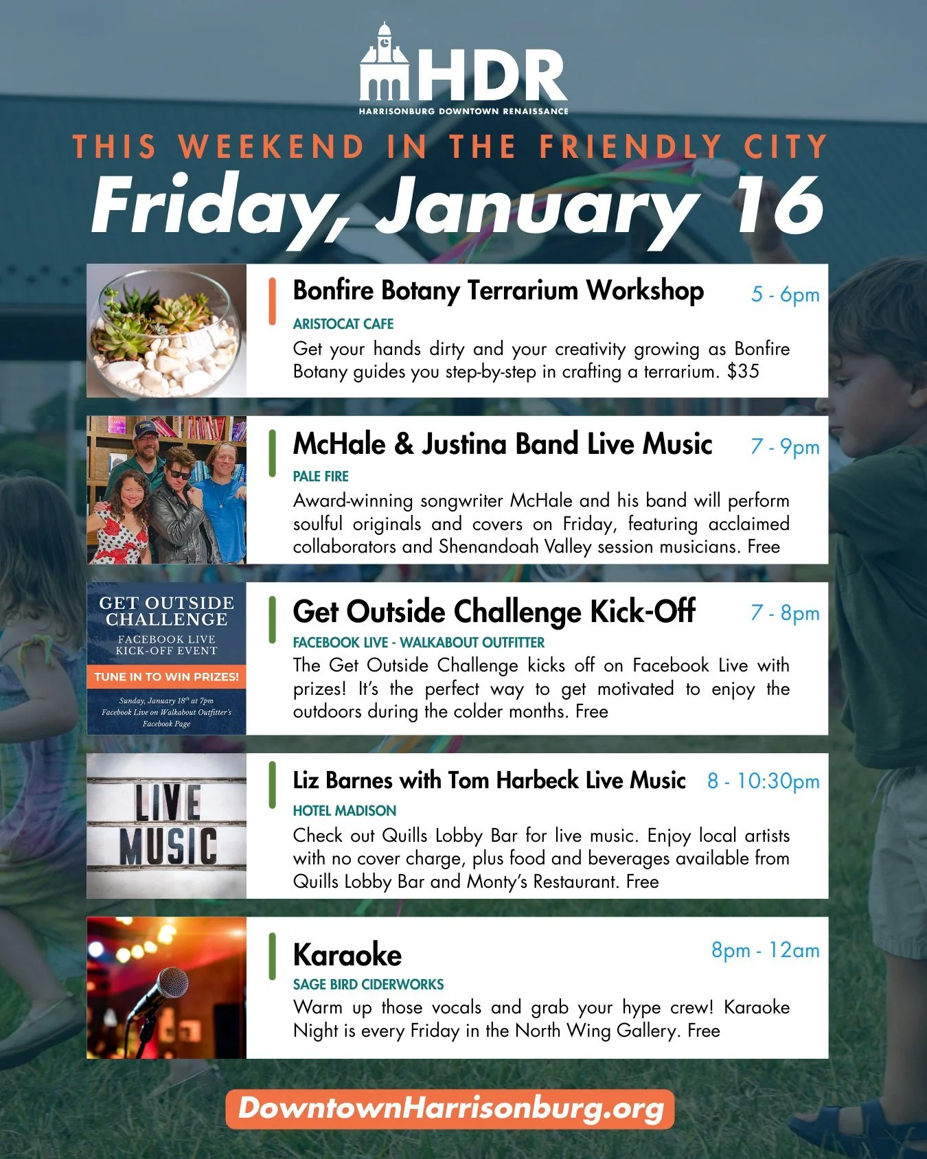 It's a busy weekend in Dowtown Harrisonburg! Whether you are looking to get active and meet new people, get some creative juices flowing or listen to your favorite tunes, there's something this weekend happening for everyone!

Are there any events we