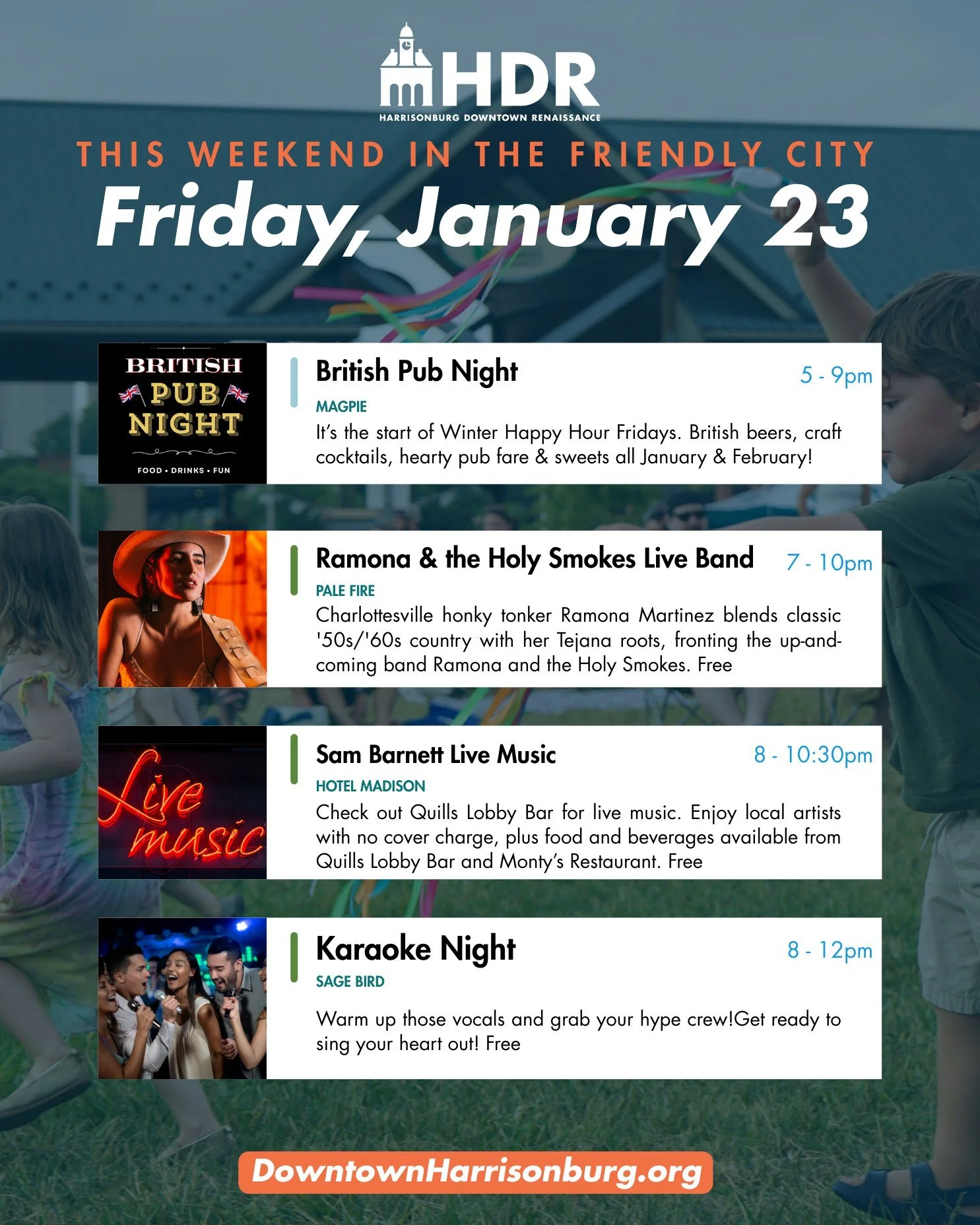 Winter weather is on its way! If you're looking for some entertainment before hunkering down, check out what's going on in Downtown Harrisonburg. Please be safe this weekend and refer to businesses' social media for any cancellations. 

@harrisonburg