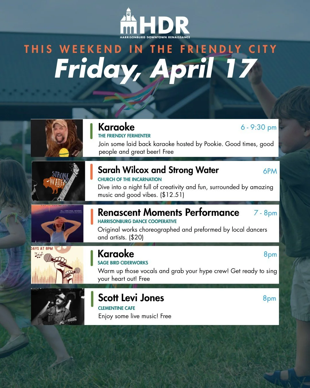 You made it to Friday! Celebrate with these events happening downtown this weekend.

Are there any events we missed? Please comment the details down below! You can always add events happening downtown to our calendar or tag us @downtownharrisonburg.
