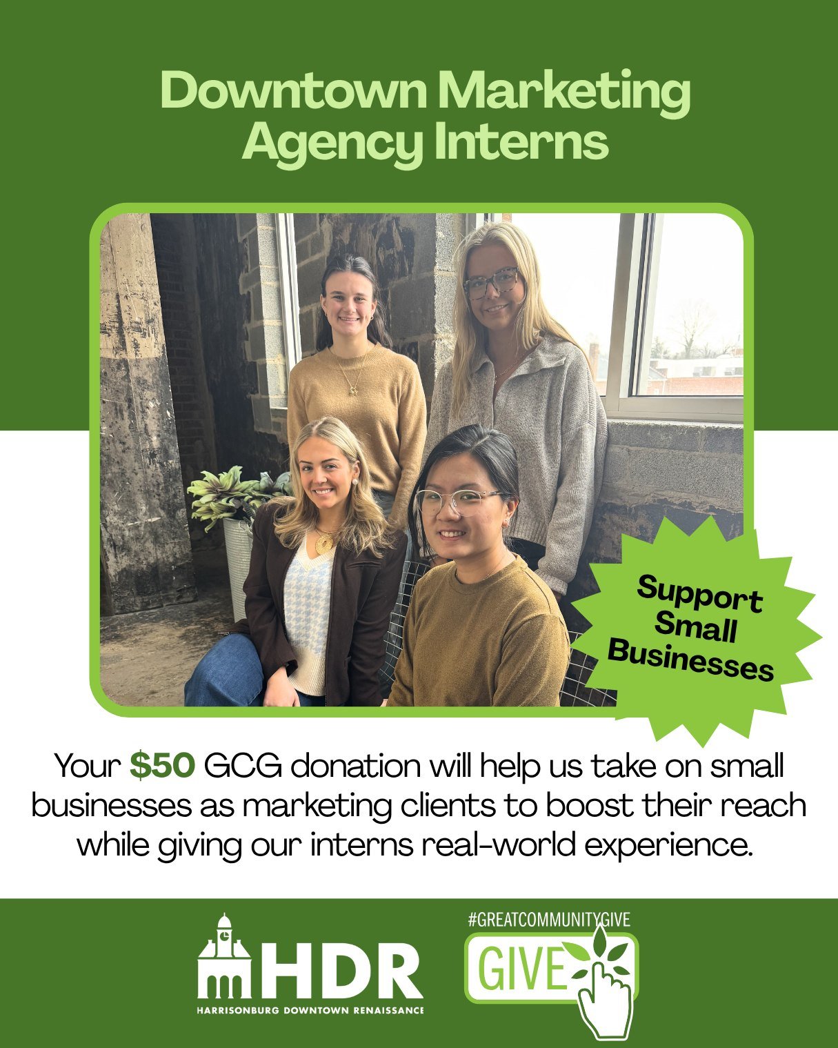 Running a small business means wearing all the hats&mdash;CEO, accountant, and marketing maven. We want to lighten the load for our downtown entrepreneurs while giving local students real-world experience.

HDR is launching a Marketing Agency specifi