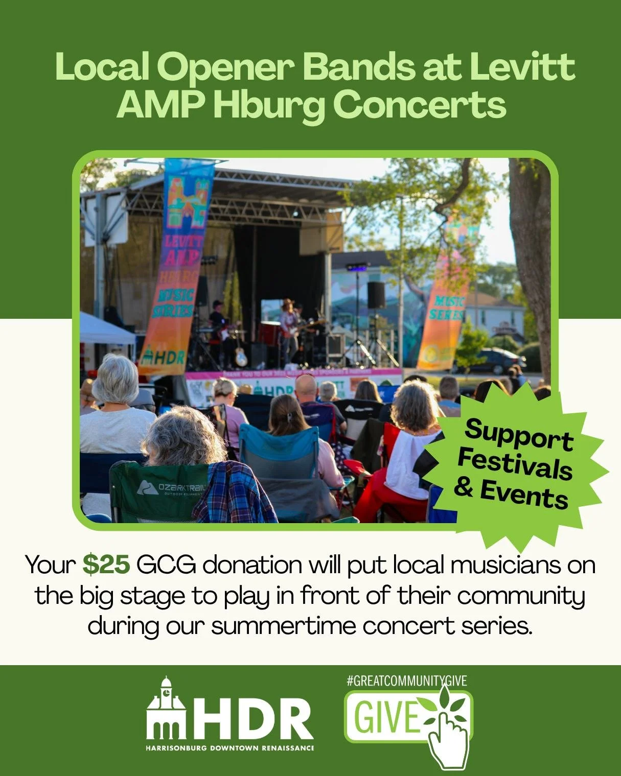 The big stage is calling! We love our Levitt AMP Harrisonburg Music Series, but did you know our grant doesn&rsquo;t cover the cost of our opening bands?

We believe our local musicians deserve to be spotlighted and paid for their incredible talent. 