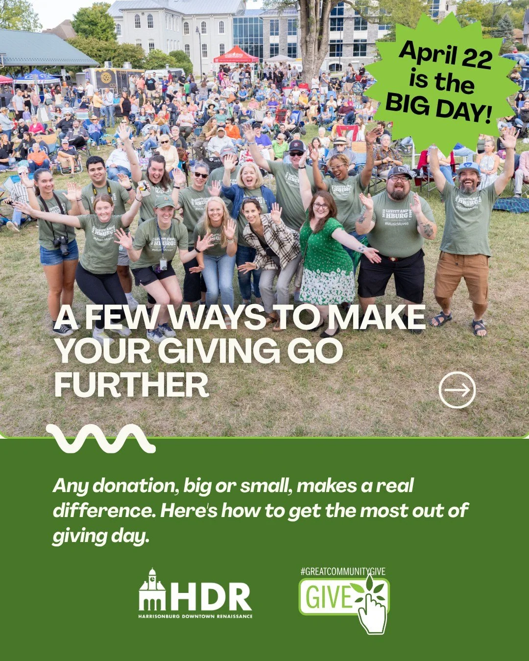 The #GreatCommunityGive is almost here! 💚 On Wednesday, April 22 friends and neighbors come together to support nonprofits across Harrisonburg and Rockingham County. Your support on Wednesday means so much to our community, please consider donating,